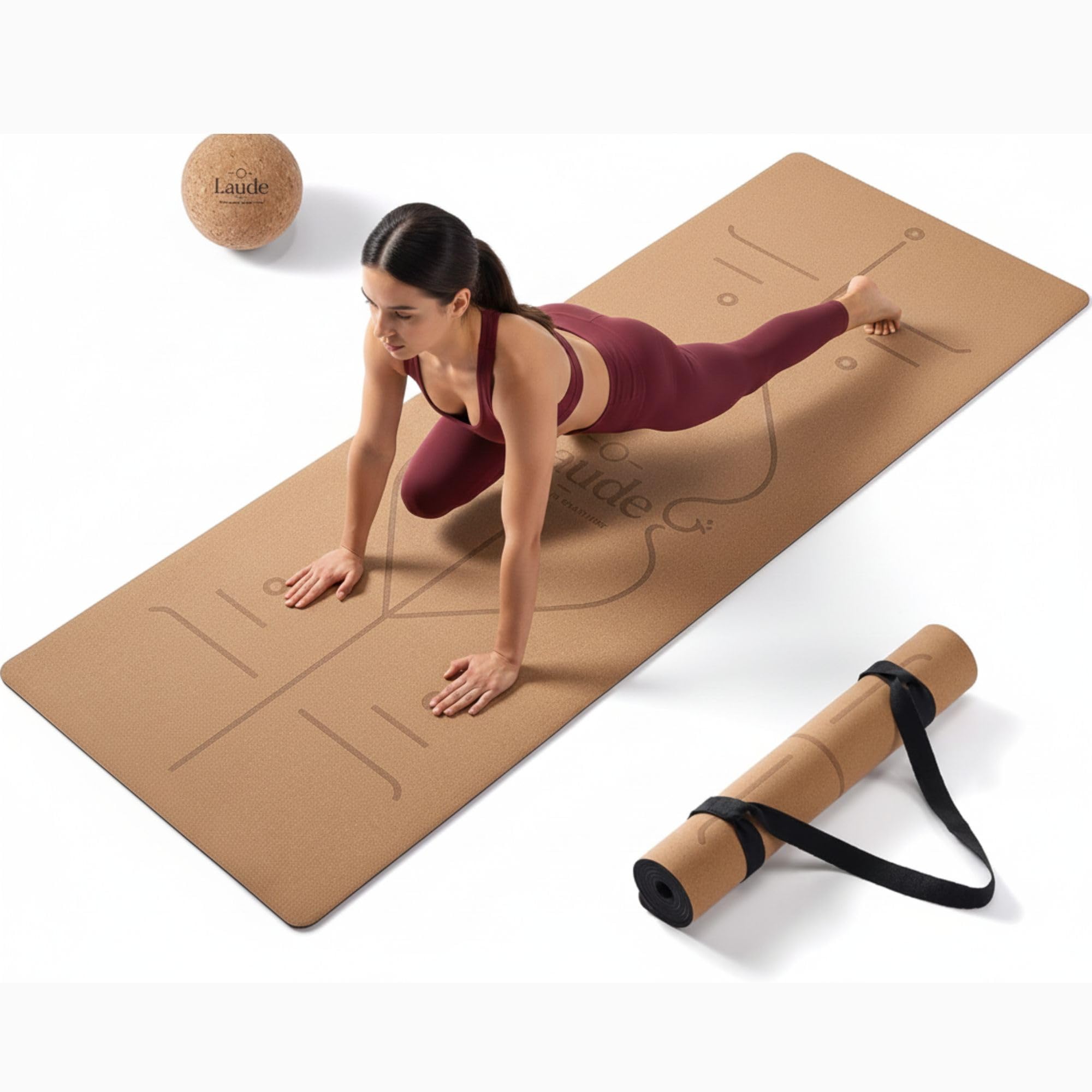 Laude Cork Yoga Mat + Ball Set – Sustainable Non Slip Yoga Mat with Strap – Thick Yoga Mat, Pilates Mat Thick & Workout Mat – Eco-Friendly Cork &