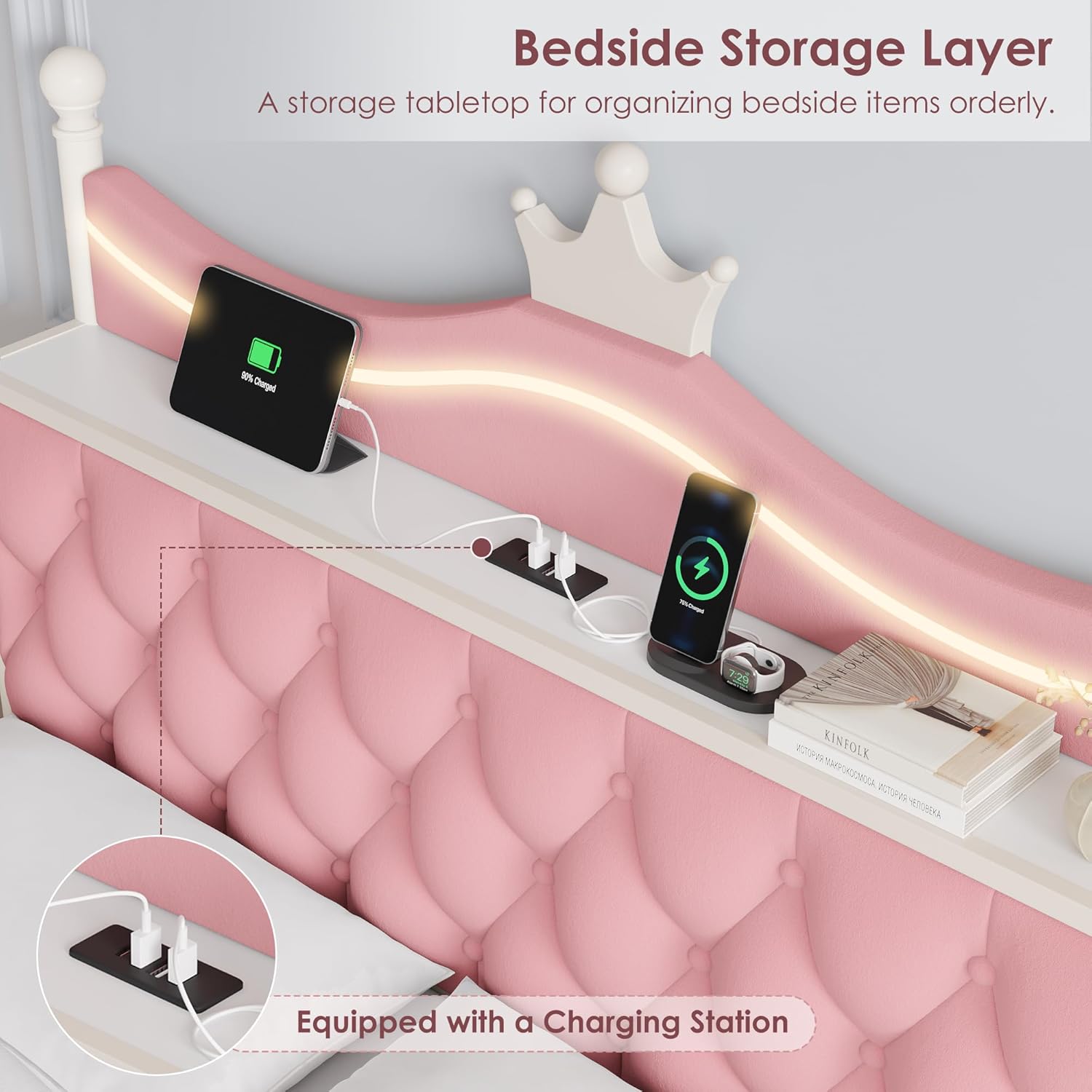 Close-up view of the Keyluv bed frame's headboard shelf, showing a smartphone charging via a USB port and other items neatly organized.