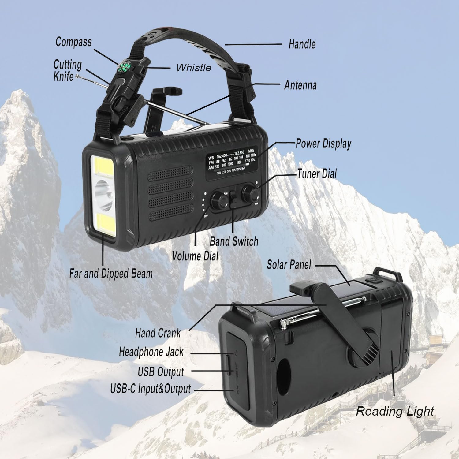Radio di emergenza a manovella da 20000 mAh/74000 mWh, radio meteorologica AM/FM/NOAA, radio solare alimentata a batteria con caricabatterie per telefono USB, lampada da lettura torcia e SOS per