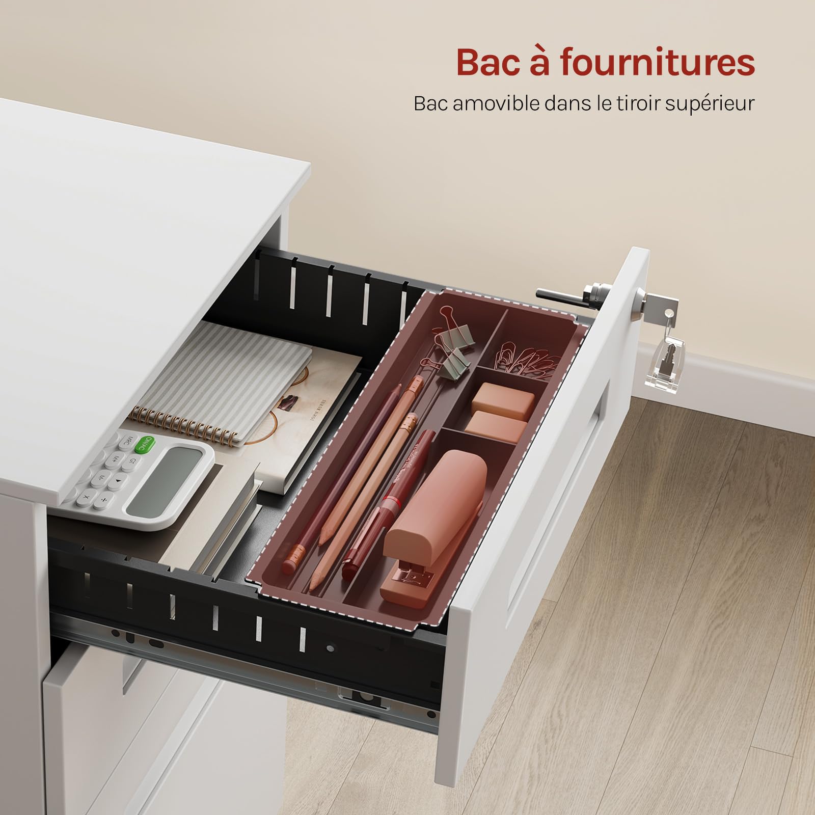 WOLTU Caisson de Bureau, avec Serrures et roulettes, Blanc | Caisson de Rangement, pour Bureau Studio, en Métal avec 3 Tiroirs pour Dossiers