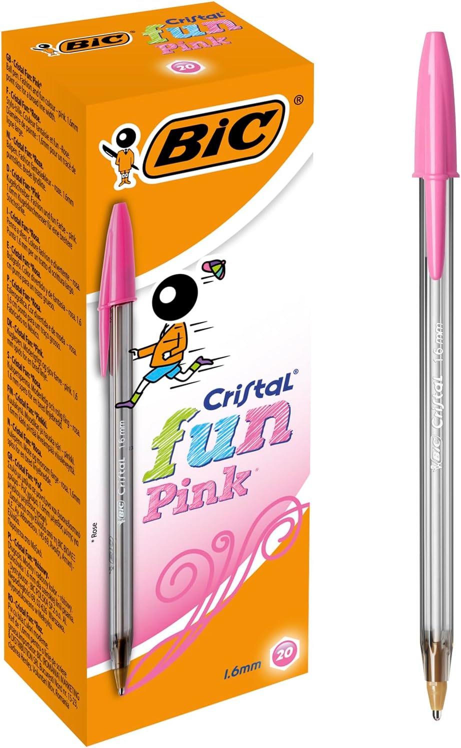 Cristal Fun Pink Pens - Pink Ink Biros - Ballpoint Pens Multipack - Wide Point (1.6mm) - Pack of 20