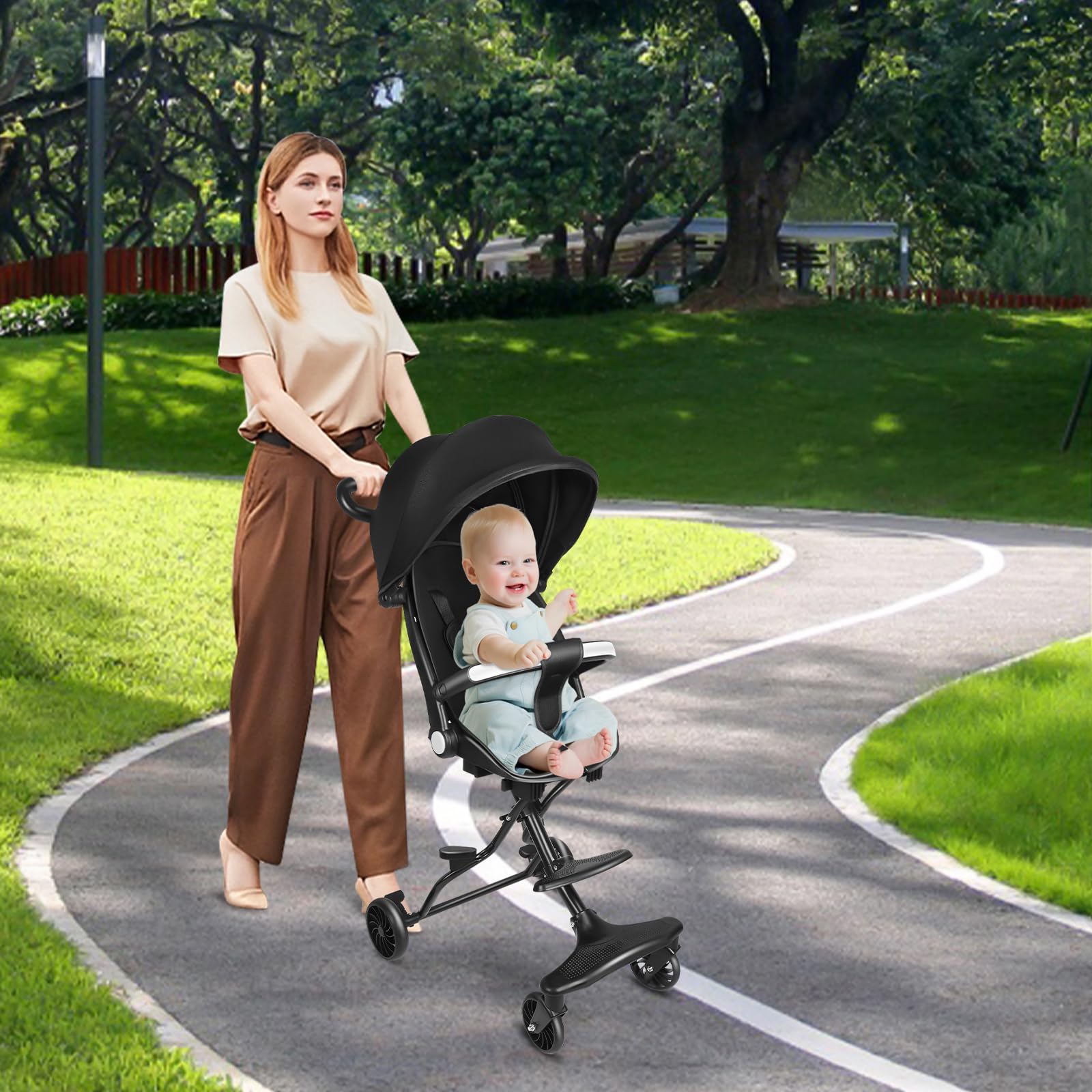 Passeggino multiuso 30 x 55 x 86,5 cm, struttura stabile in acciaio inossidabile, maniglia regolabile, ruote frenabili, comoda seduta in lino, ideale per esterni e passeggiate, nero