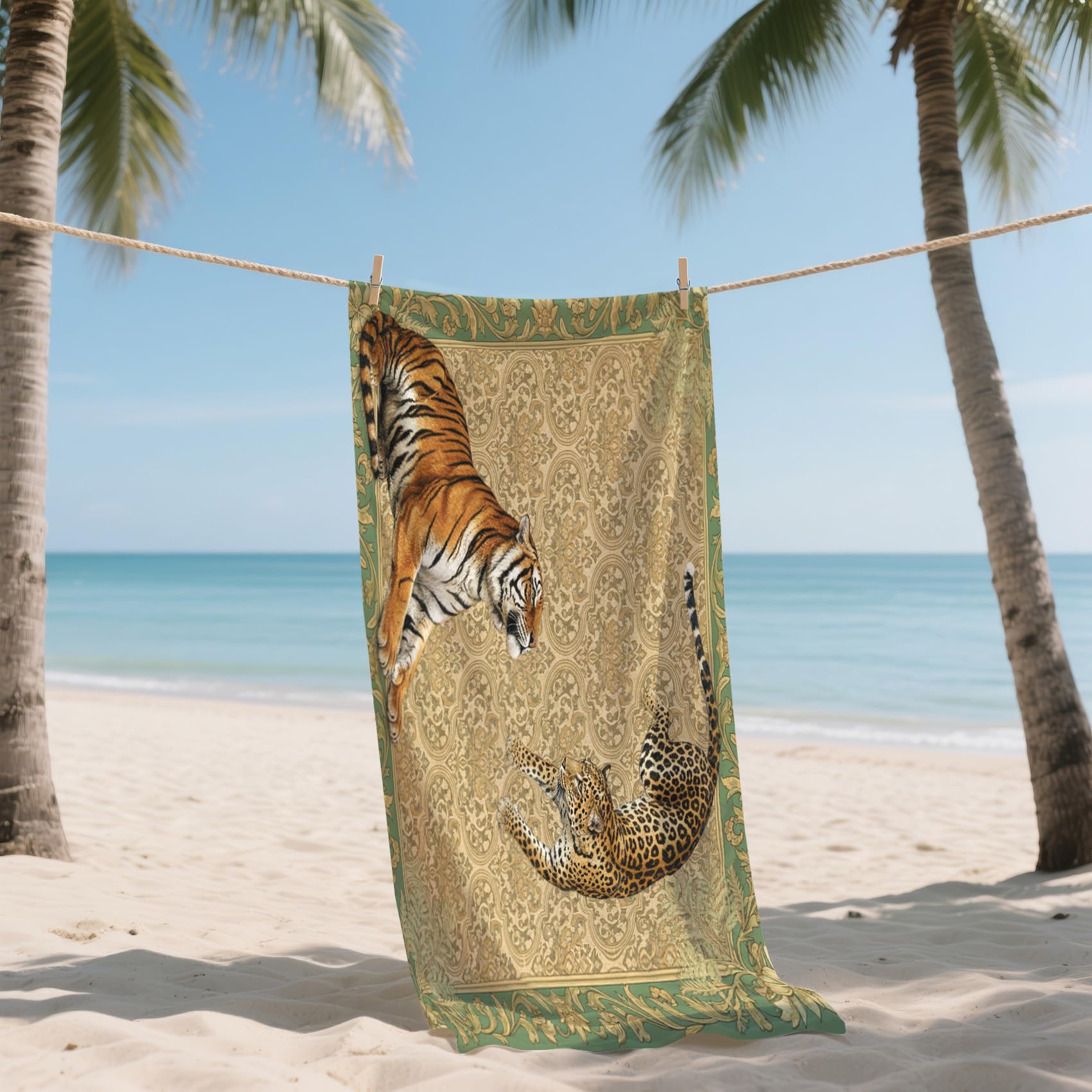 Serviette de Plage XXL Microfibre Tigre Léopard Vintage Baroque Animaux Sauvages, Drap de Plage Séchage Rapide Anti Sable & Légère, Serviette de Bain Grande Taille 100x200 cm, Cadeau été