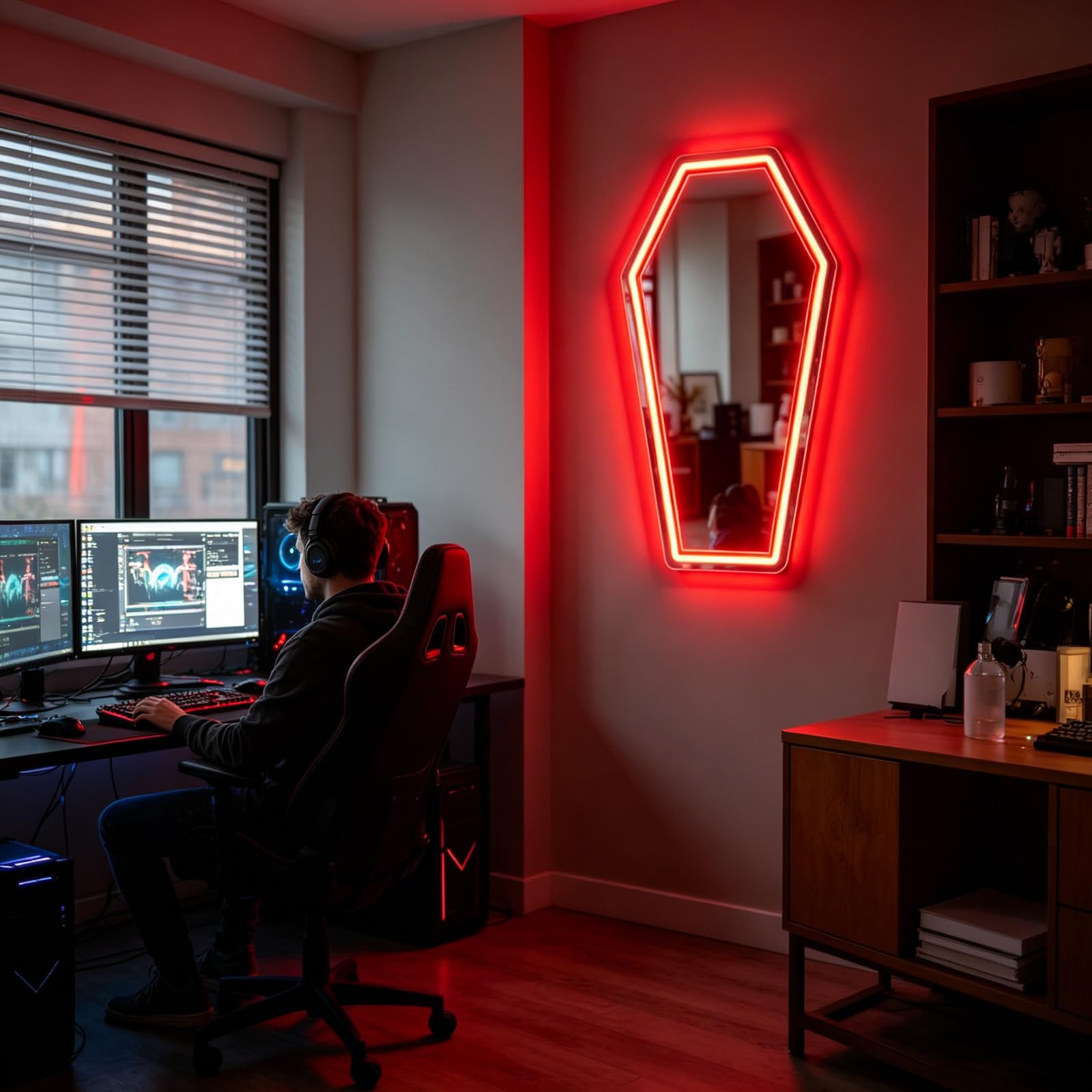 Neonowe znaki z lustrem trumny, ściemniane, zasilane przez USB, gotyckie światła LED, motyw nagrobka, dekoracja, trumna, LED, lustro, znak dla miłośników gotyckich, na stół, gotycki, Halloween