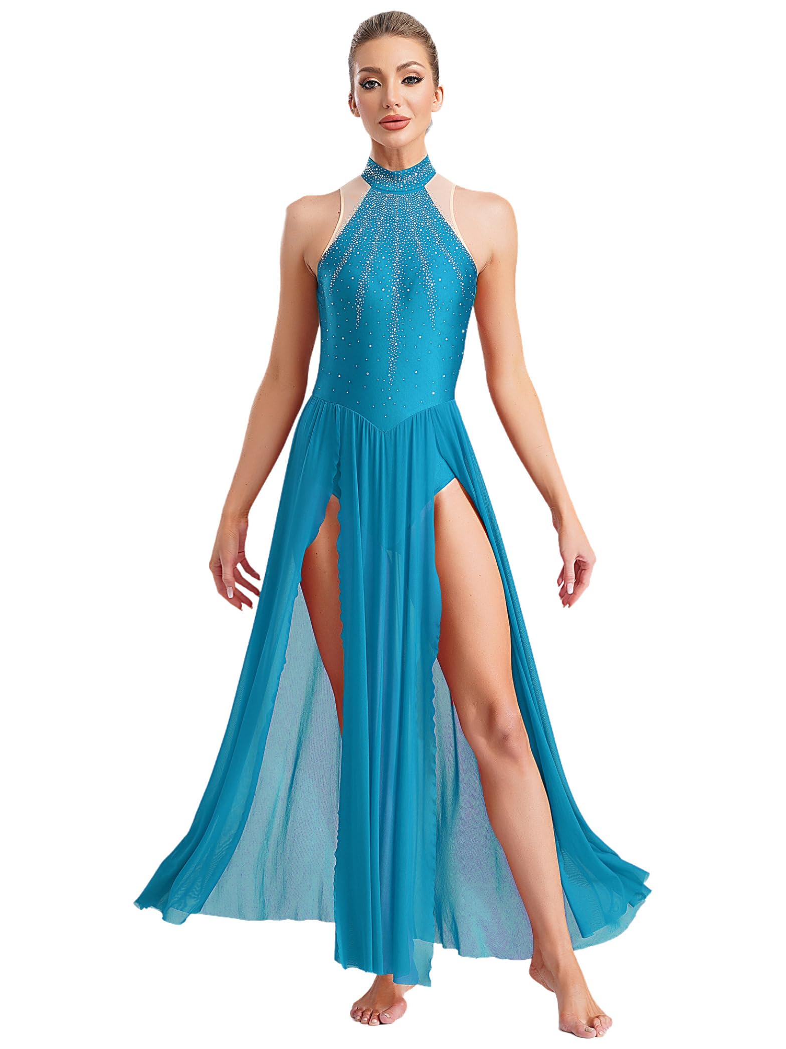 Vestido de Baile Largo Lírico Ballet Chispeante Rhinestone Salón de Baile Vestido de Tango con Swing Vestido Dancewear