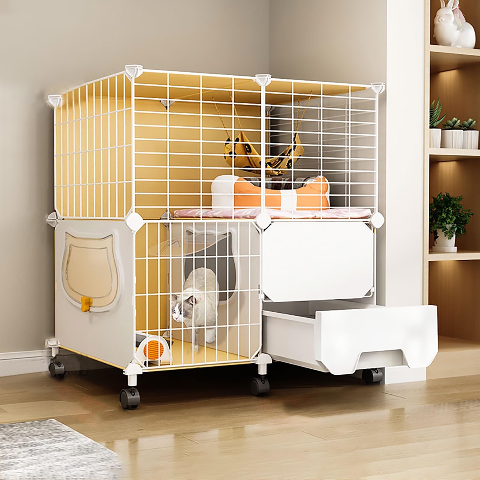 asdchZen Cat Cage With Litter Box,Indoor Diy Cat Playpen Semi-Enclosed Kitten Cage Cat House With Wheel Detachable Metal Wire S Crate,Large Exercise Place,75X39X77Cm