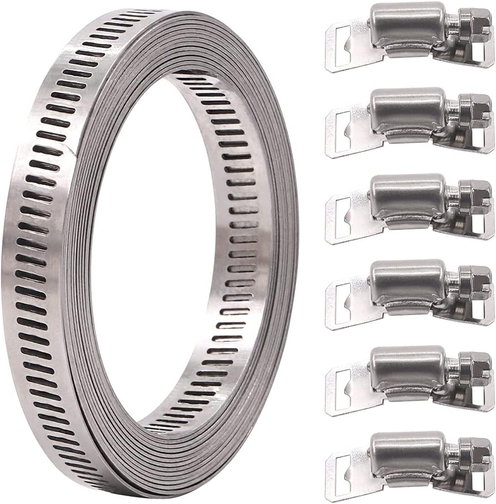 Glarks 7Pcs 10 Feet Long Worm Gear Hose Clamp with Fasteners, 304 Stainless Steel Large Adjustable Pipe Clamps with 6Pcs Fasteners for Ductwork, Pole Securing and Strapping (10 FT Strap +6 Fasteners)