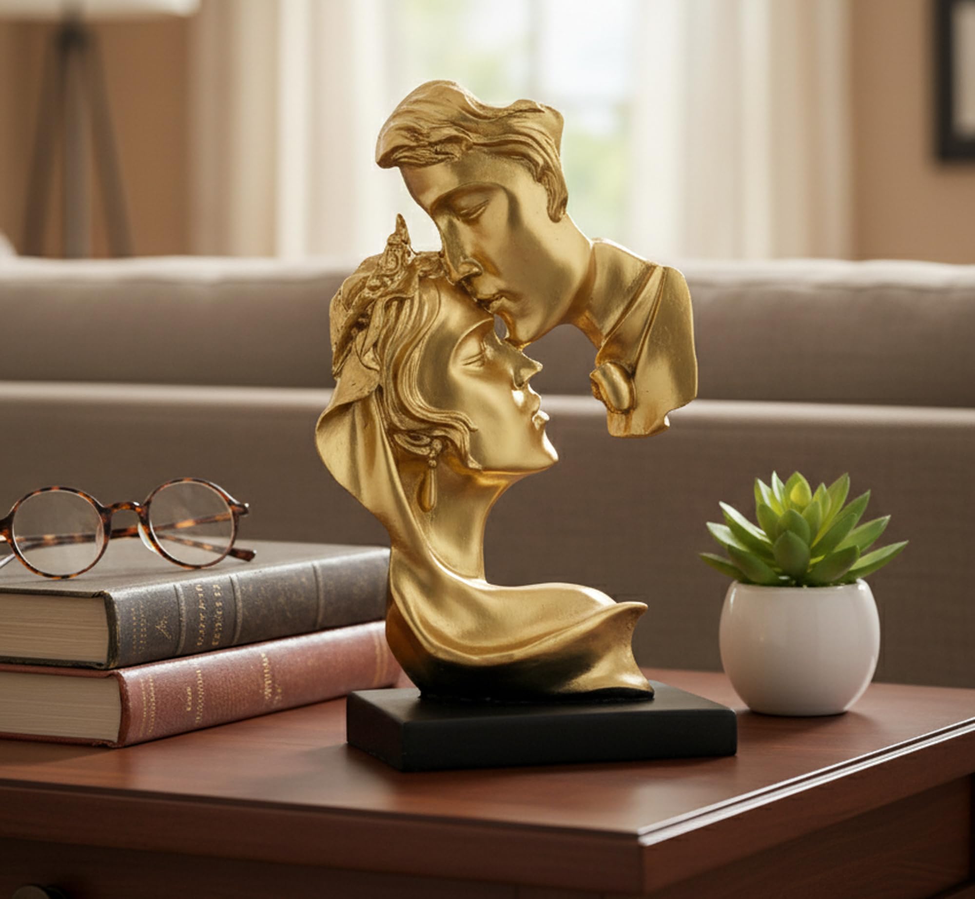 ESPLANADE Love Couple Face Showpiece Statue Sculpture Figure for Home Decor Valentine Day Gift | Resin - 10" Inches (Golden)