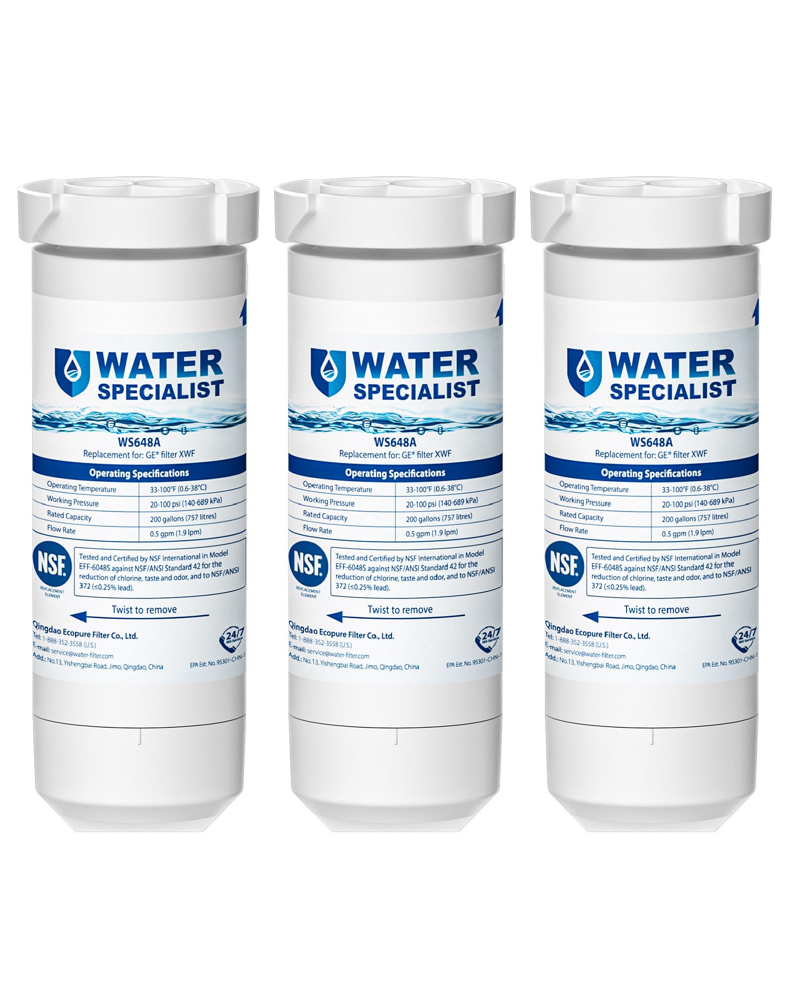 Waterspecialist XWF NSF Certified Refrigerator Water Filter, Replacement for GE XWF, Pack of 3 (Packaging may vary)