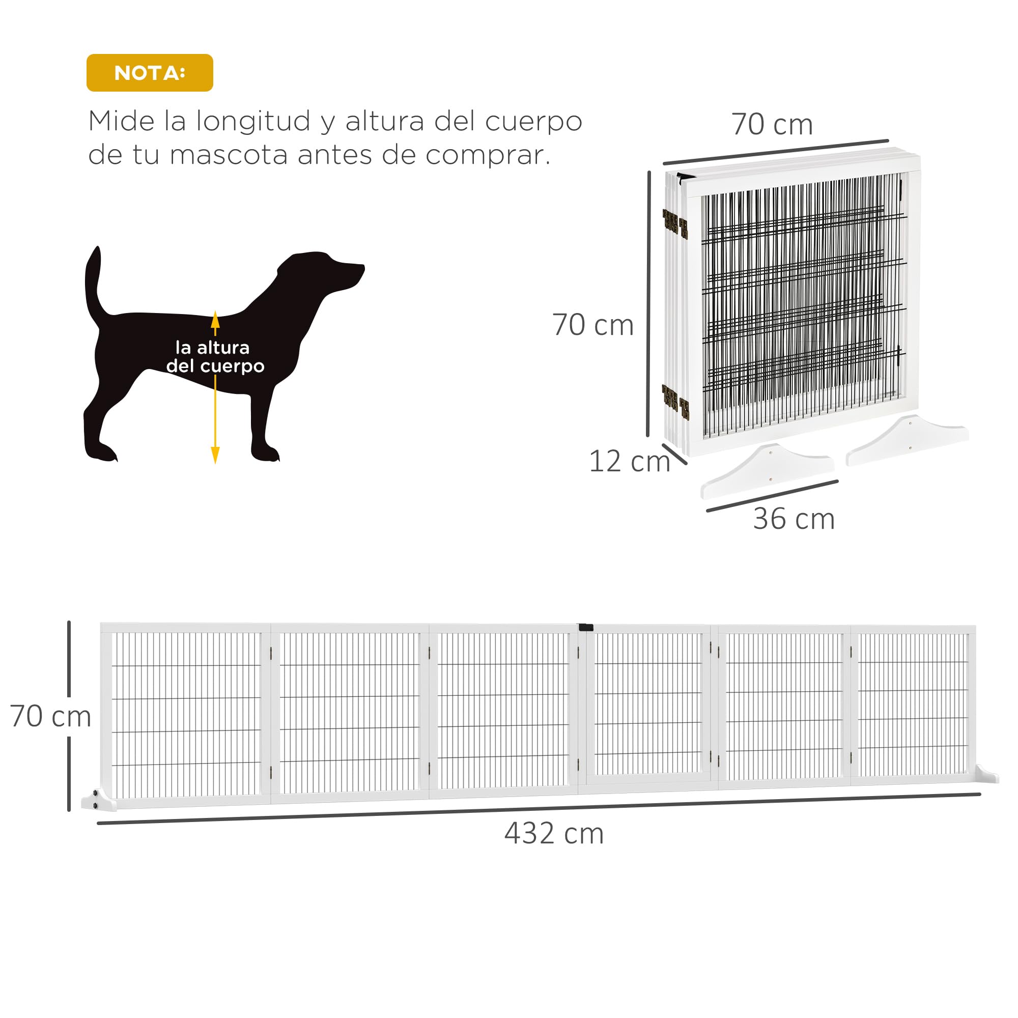 PawHut Barrera de Seguridad para Perros de Madera Plegable, para Escaleras y Puertas, Valla para Perros Pequeños y Medianos de 6 Paneles, con Soporte de Pie, para Interiores, 432x36x70 cm, Blanco