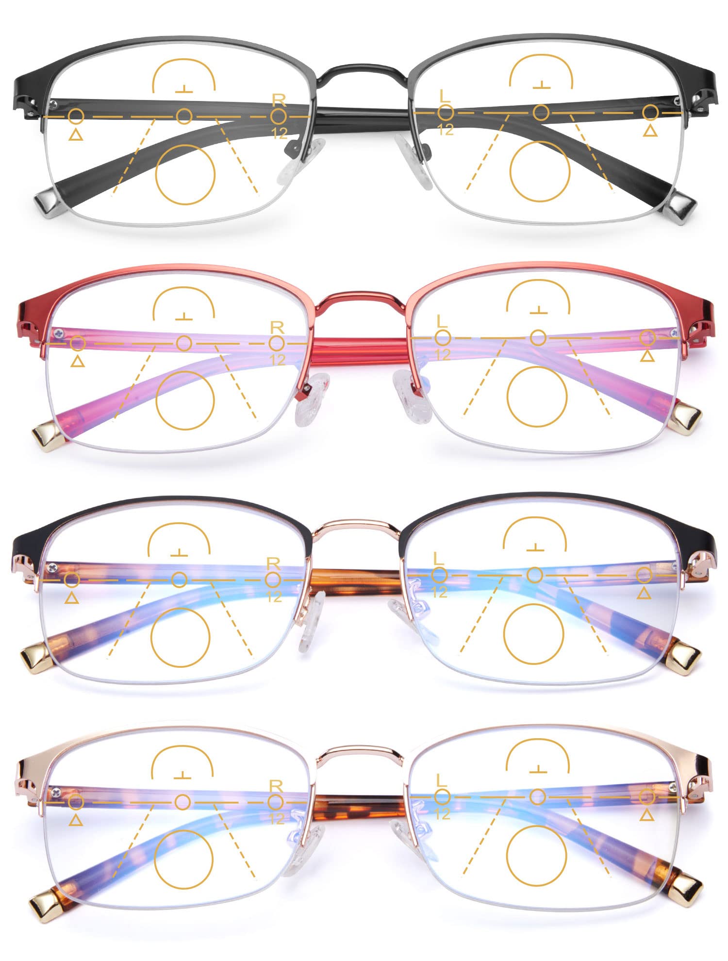 VEVESMUNDO Multifokale Blaulichtfilter Lesebrille Damen Herren Metall Progressive Gleitsichtlesebrille mit Sehstärke +1.0,+1.5,+2.0,+2.5,+3.0,+3.5