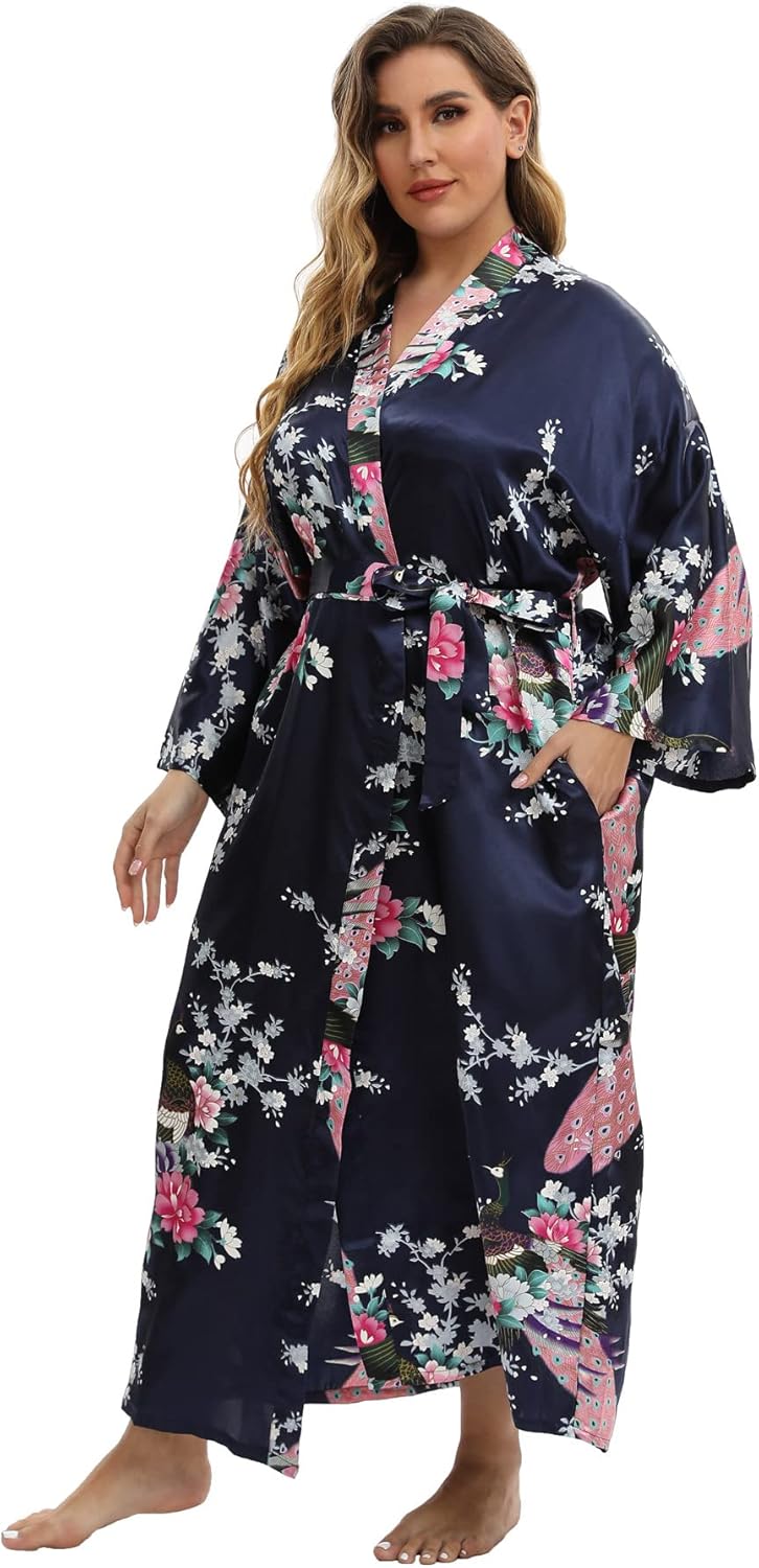 Women's Floral Long Satin Robes Plus Size Long Silk Robes Peacock Floral Kimonos Sleepwear Dressing Gown - Image 3