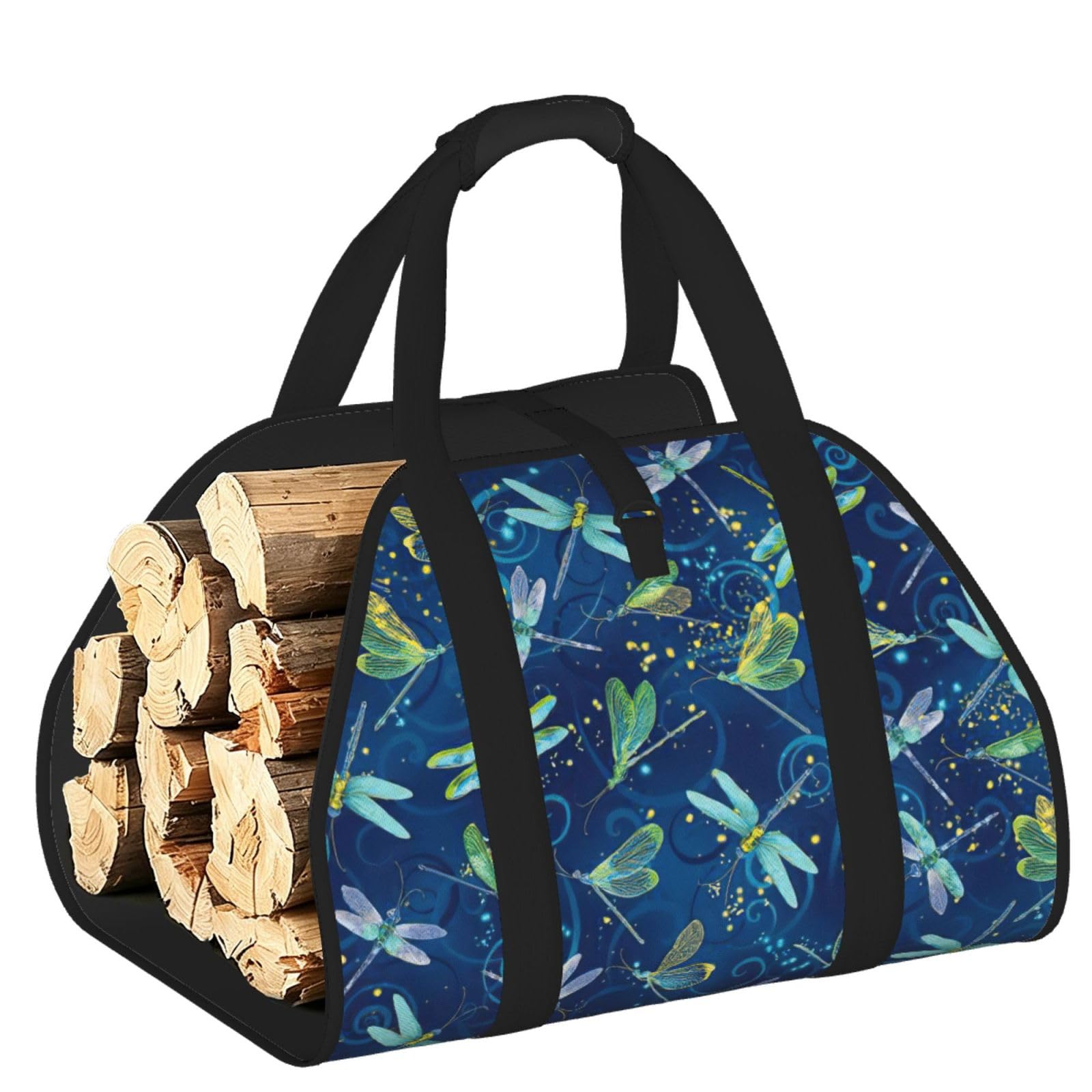 Pphgut Black Blue Dragonfly Print Firewood Bag Wood Carrier Transport Sack Camping Picnic Storage Daily Home