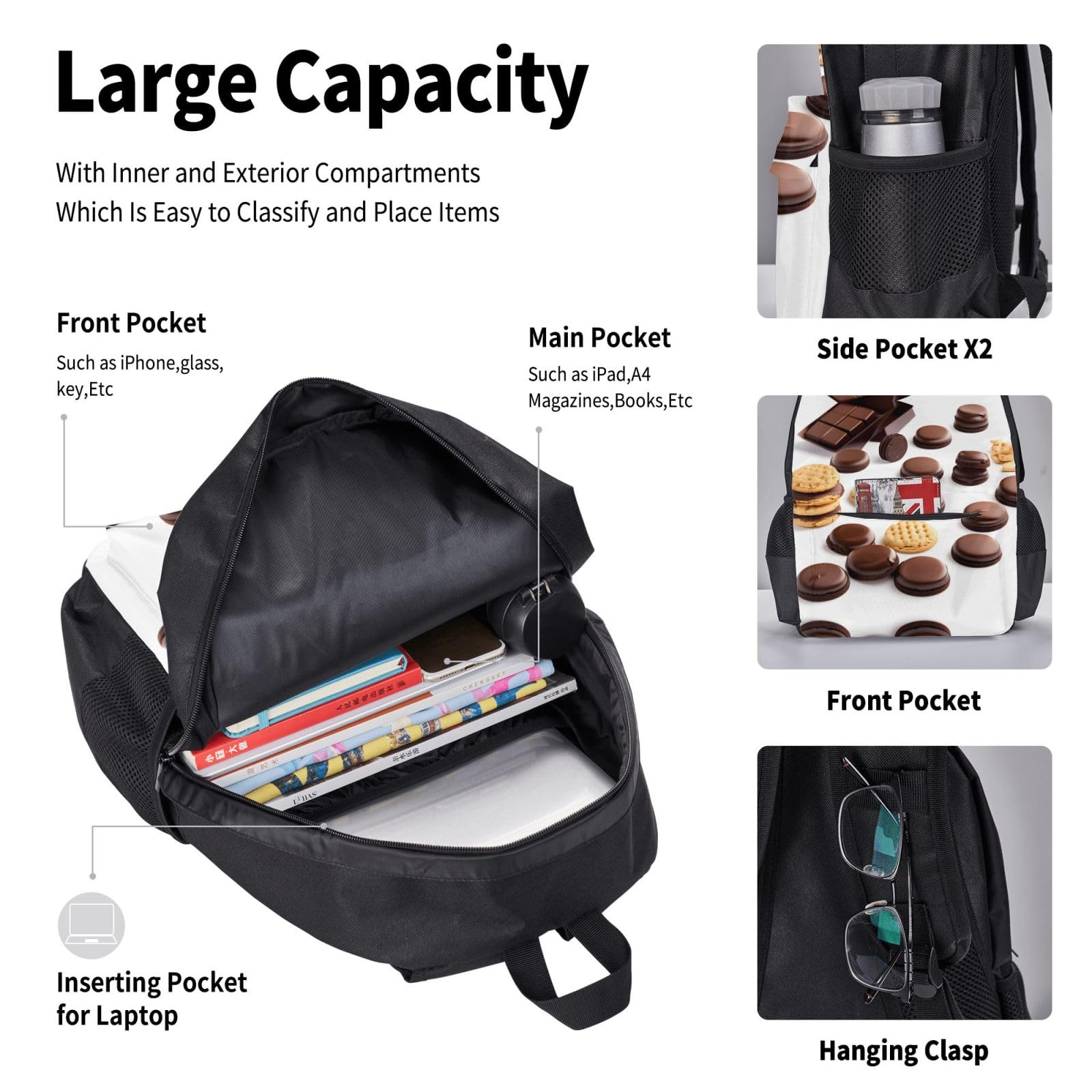 Biscotti Biscotti con gocce di cioccolato Stampa di frecce di corallo e verde acqua Zaino casual da 3 pezzi con scatola per il pranzo Zaino regolabile unisex, zaino per laptop da viaggio