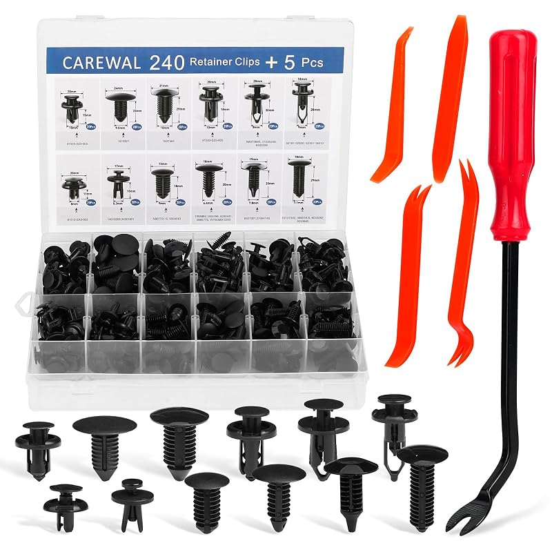 Kit de Presilhas Automotivas Push Carewal com 240 Clipes, 12 Tamanhos e 5 Removedores
