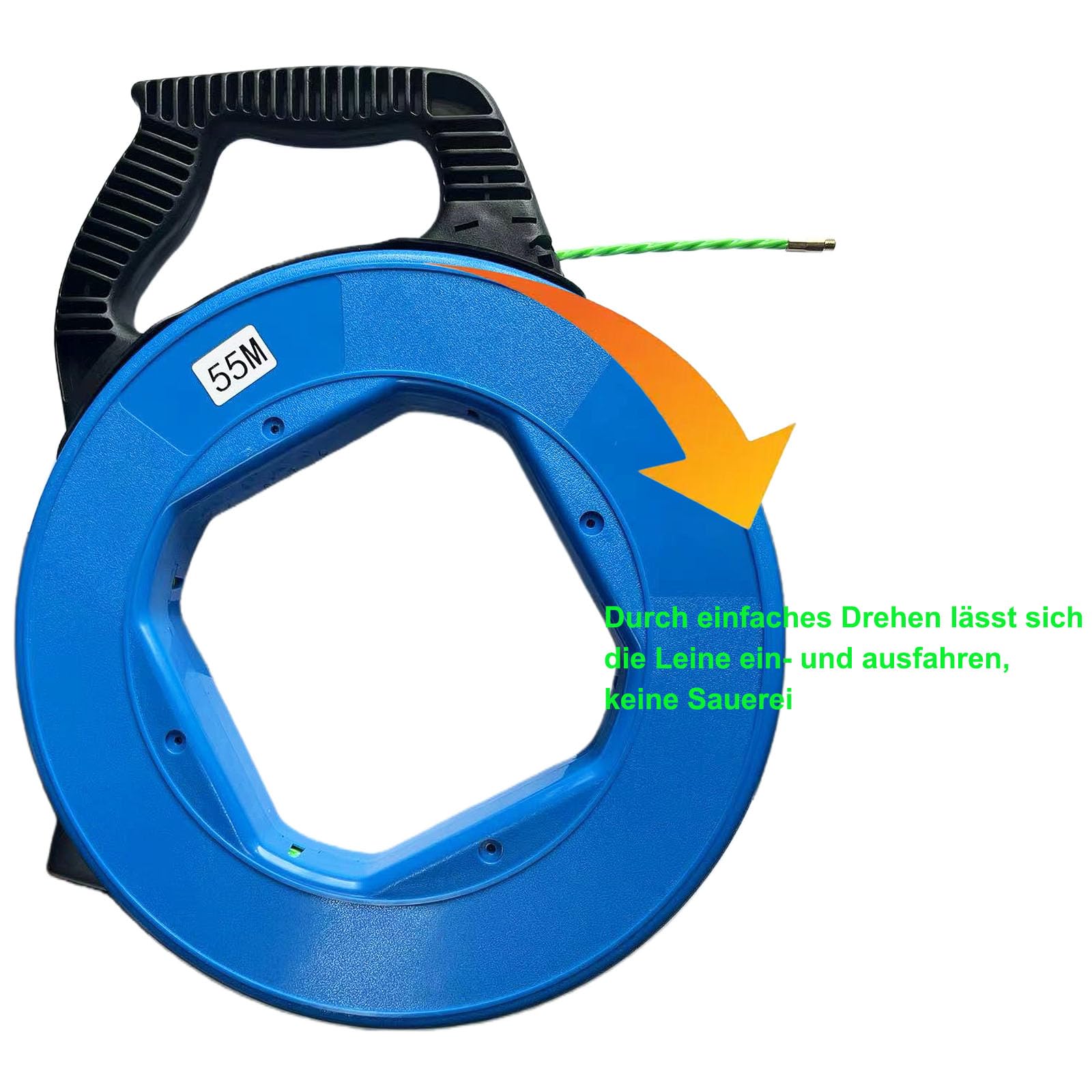 Professionelle Kabeleinzugshilfe 55m – Robuste Polyester-Einziehspirale (200 kg Zugkraft) mit 6 Adaptern, Anti-Verhedderung & Arretierung – Für Elektro- & Glasfaserinstallationen