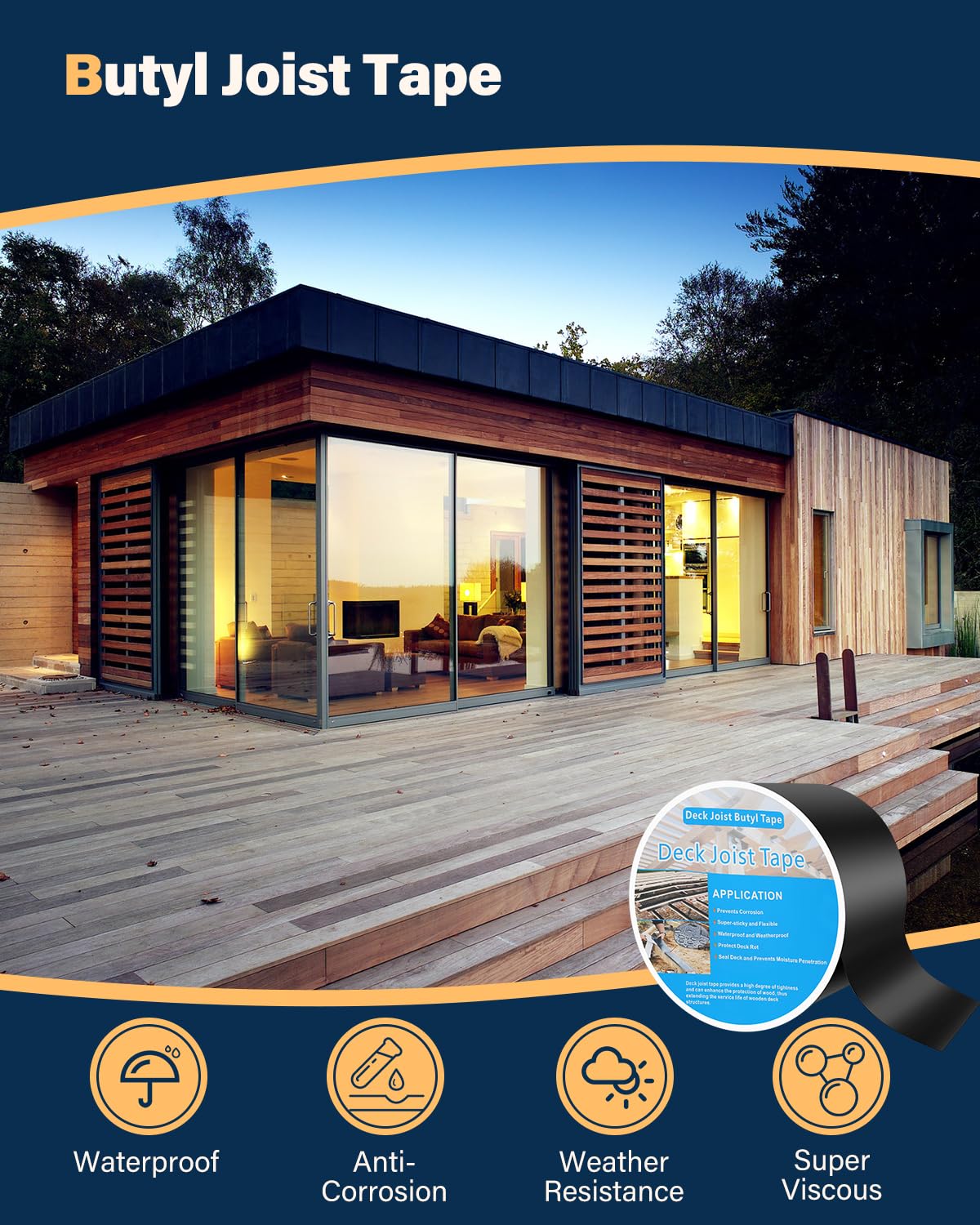 FAHKNS Joist Tape for Decking, 4" x 50' Seal Deck Joist Butyl Tape Deck Flashing Tape Waterproof Weather Resistance Anti-Corrosion Deck Butyl Tape for Protect Deck Joist Beams Black 6Pcs