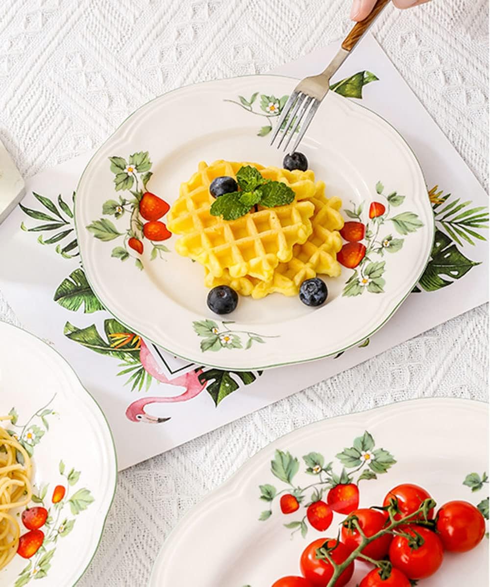 Retro Strawberry Pattern Ceramic Dinner Plate for Steak, Salad, Dessert - Shallow - Image 3