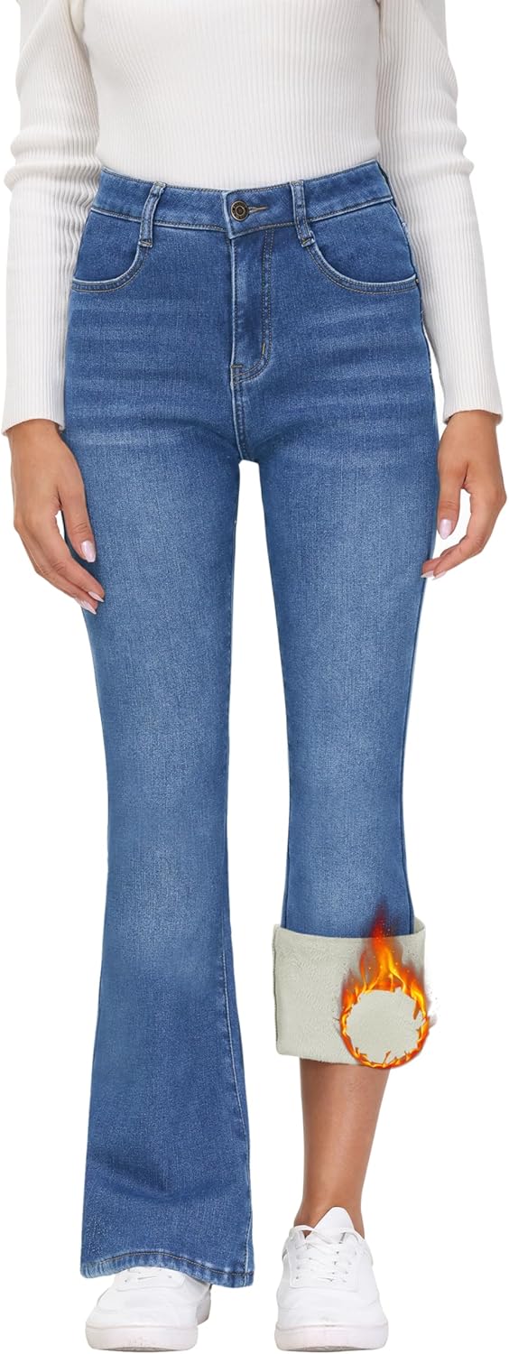 KDF Women's Flare High Waisted Bell Bottom Jeans - Thermal Fleece Lined Winter Warm Pants - Image 6