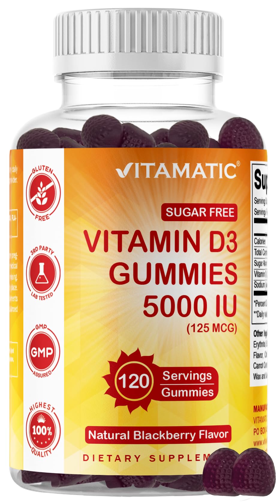 Vitamatic Sugar Free Vitamin D3 10000 IU - 120 Pectin Based Gummies - Great Taste - Healthy Bones, Mood & Immune System Function - Non-GMO - 120 Servings — Amazon image 13