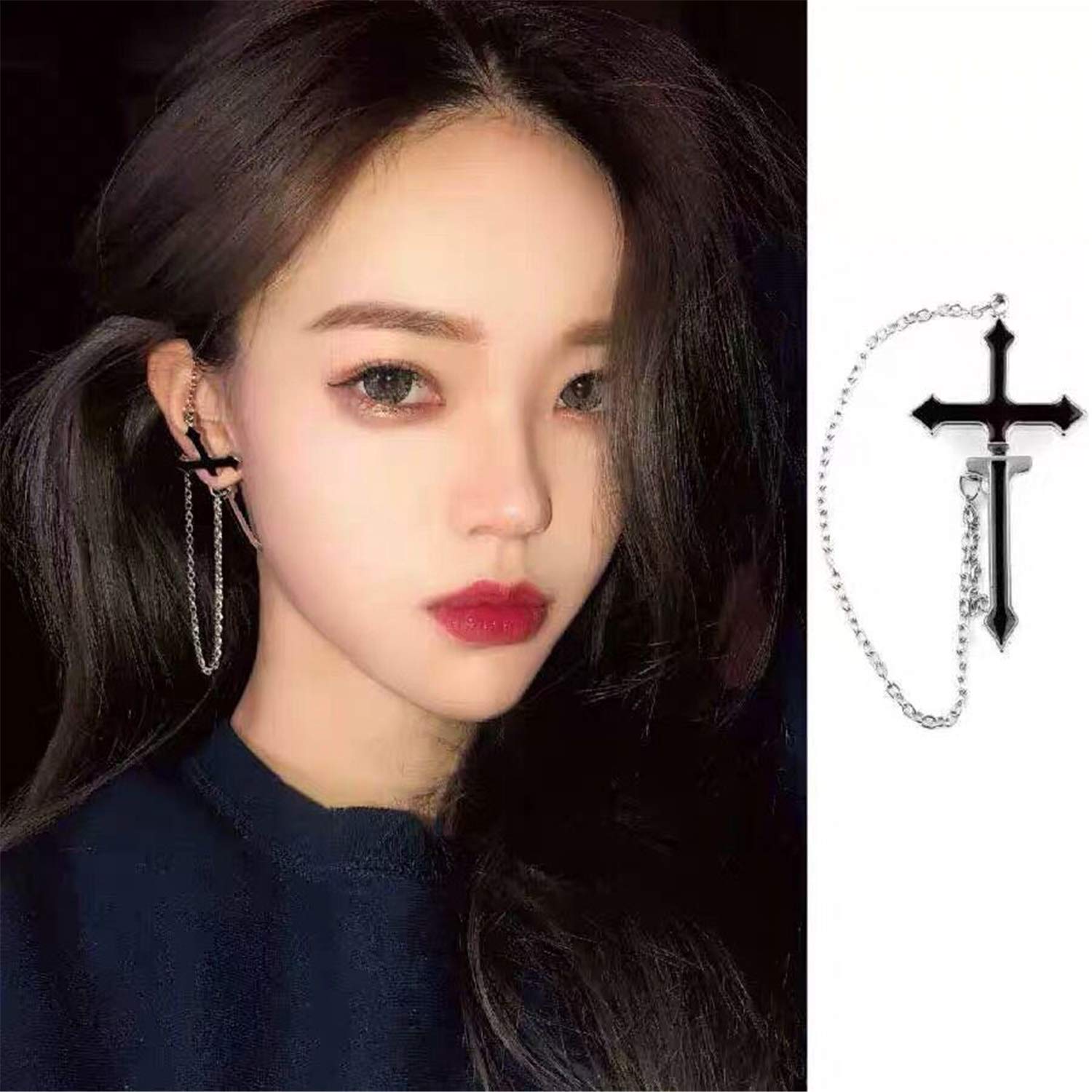 Aretes colgantes de cadena de cruz punk negra personalizados, aretes de gota de punción para mujeres y hombres, regalos de joyería, Esmalte, N/P 4