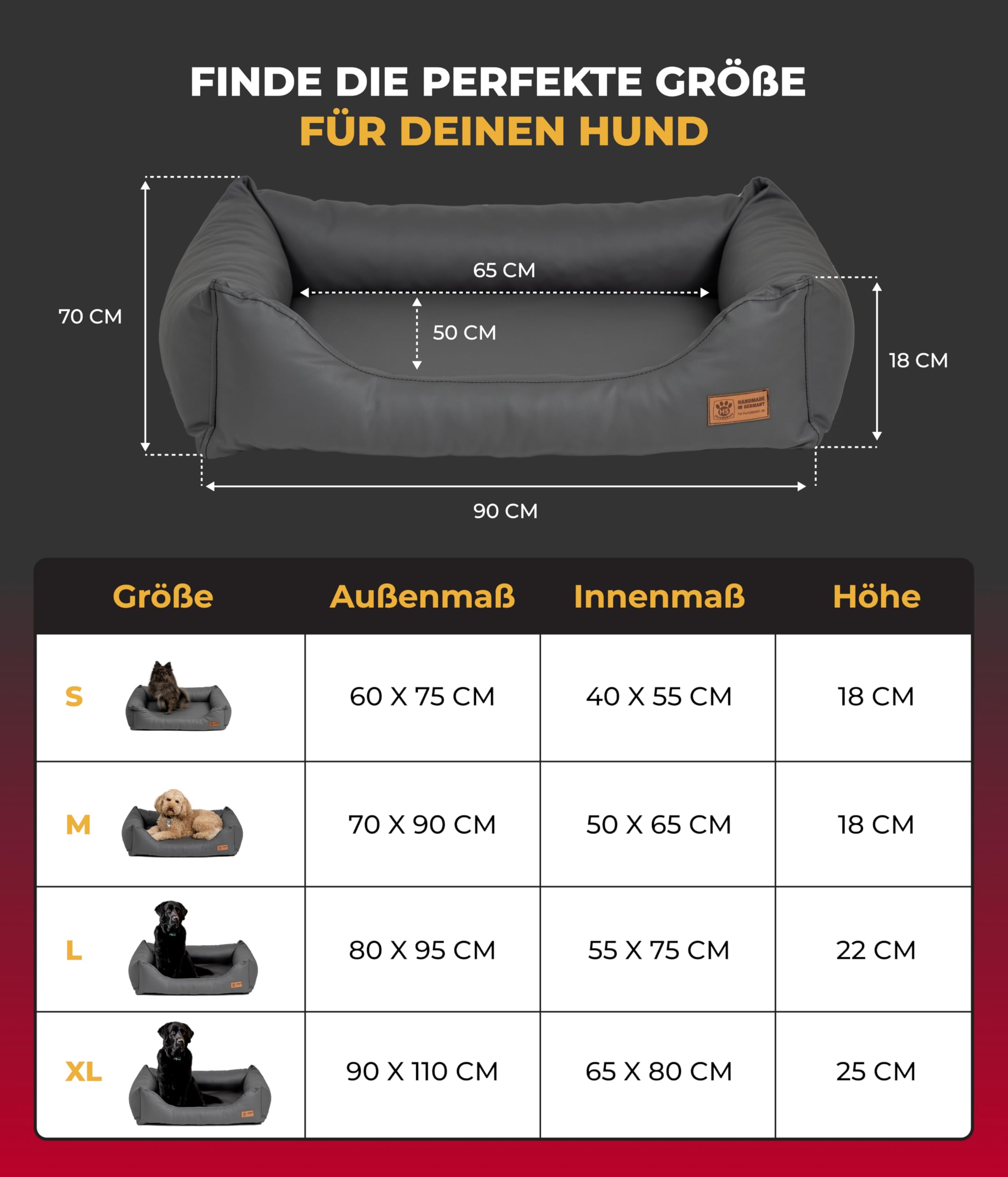 Kuschelbett Deluxe Kunstleder M (70x90 cm) – Orthopädisches Hundebett, Memory Foam & Anti-Rutsch – Waschbar – Anthrazit, Made in DE