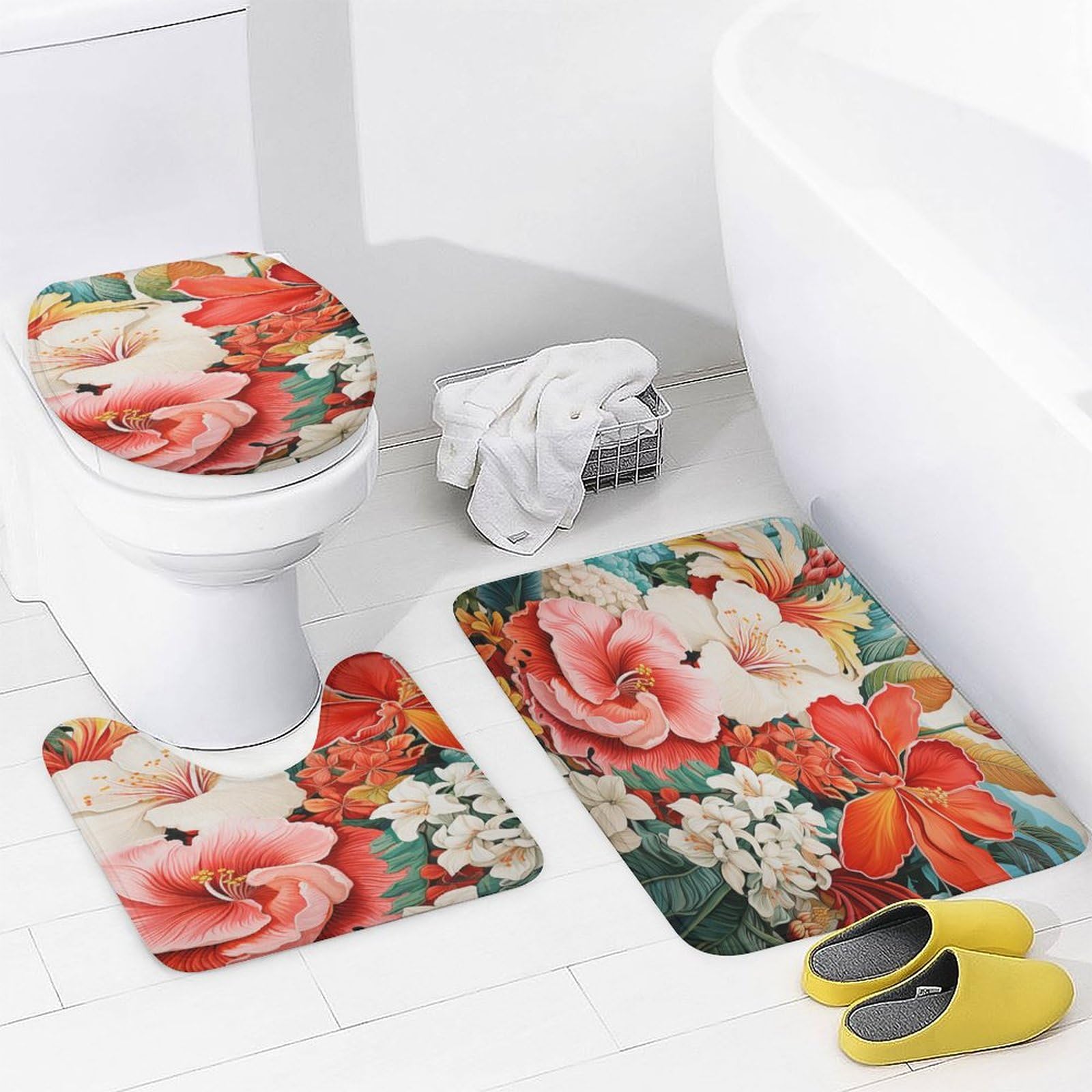 AZHM Duschvorhang-Set Mit Blumen & Zitaten – Inkl. Teppich, WC-Bezug & Haken, Wasserdichtes Badezimmer-Deko