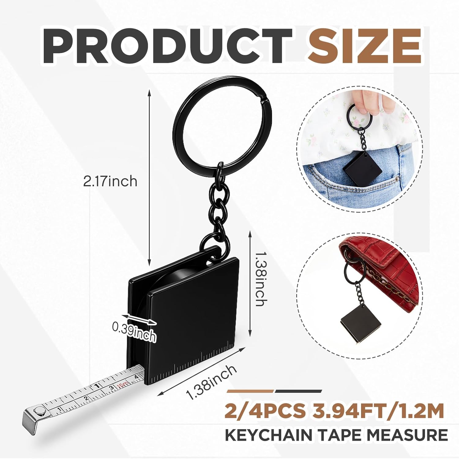 Quelay 2 Pcs Mini Measuring Tape Metal Keychain Tape Measure up to 47.24 Inches Small Retractable Measure Keychain (Black)