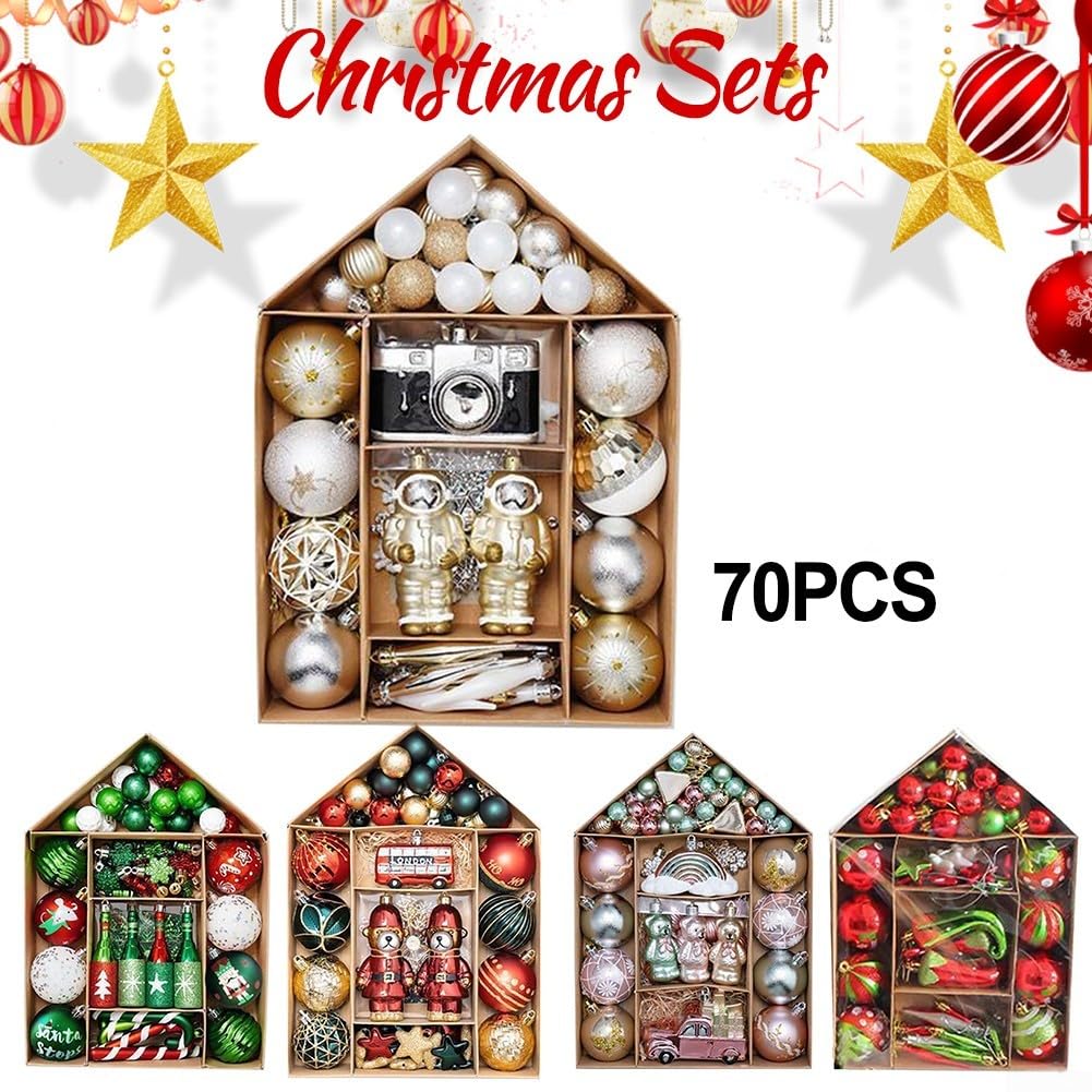 Lot complet de 70 boules décoratives pour sapin de Noël et événements (rouge, vert, doré)