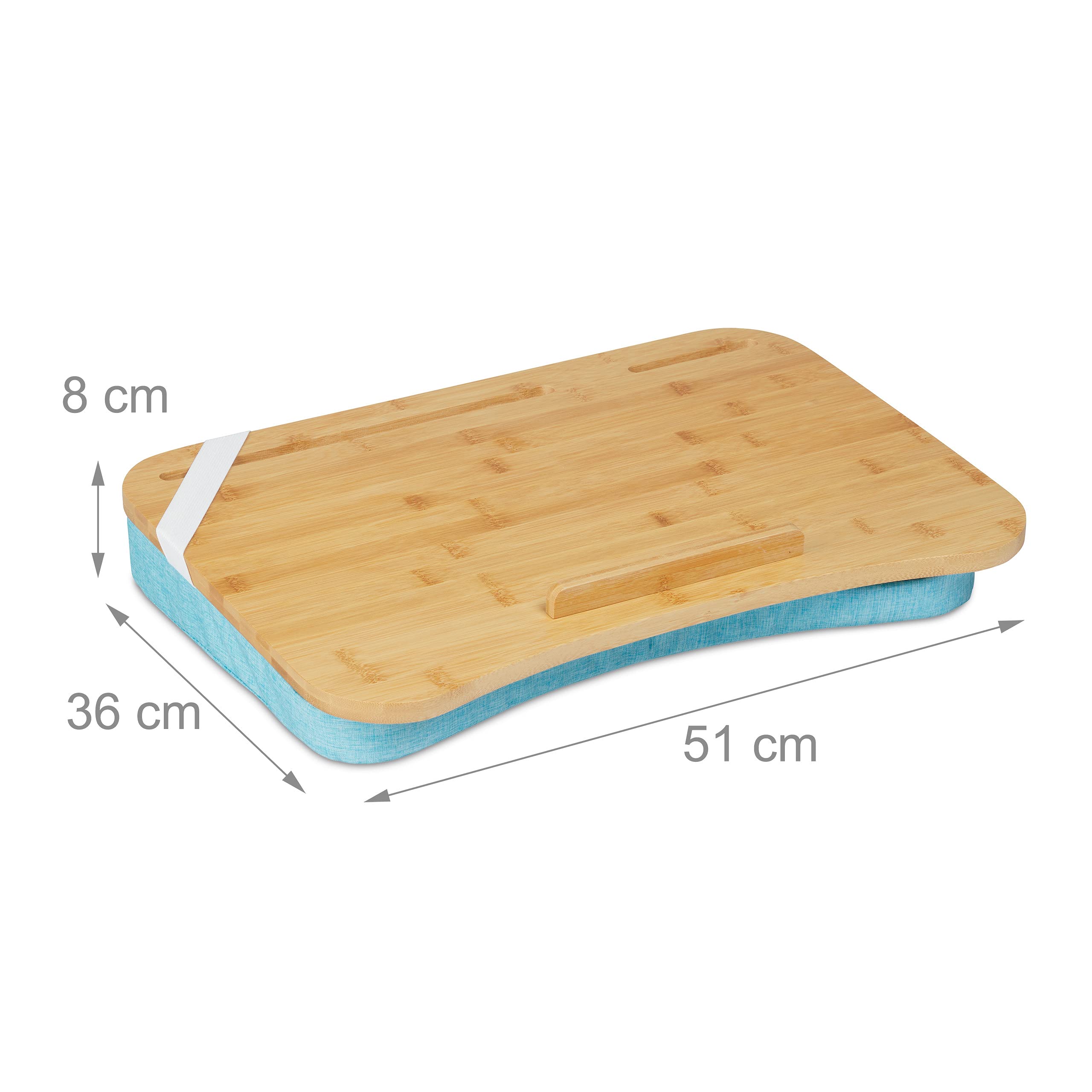 Relaxdays Supporto Pc Portatile con Cuscino, Vassoio Poggia Laptop in Bambù, LxP: 51x36 cm, Letto e Divano, Naturale Blu