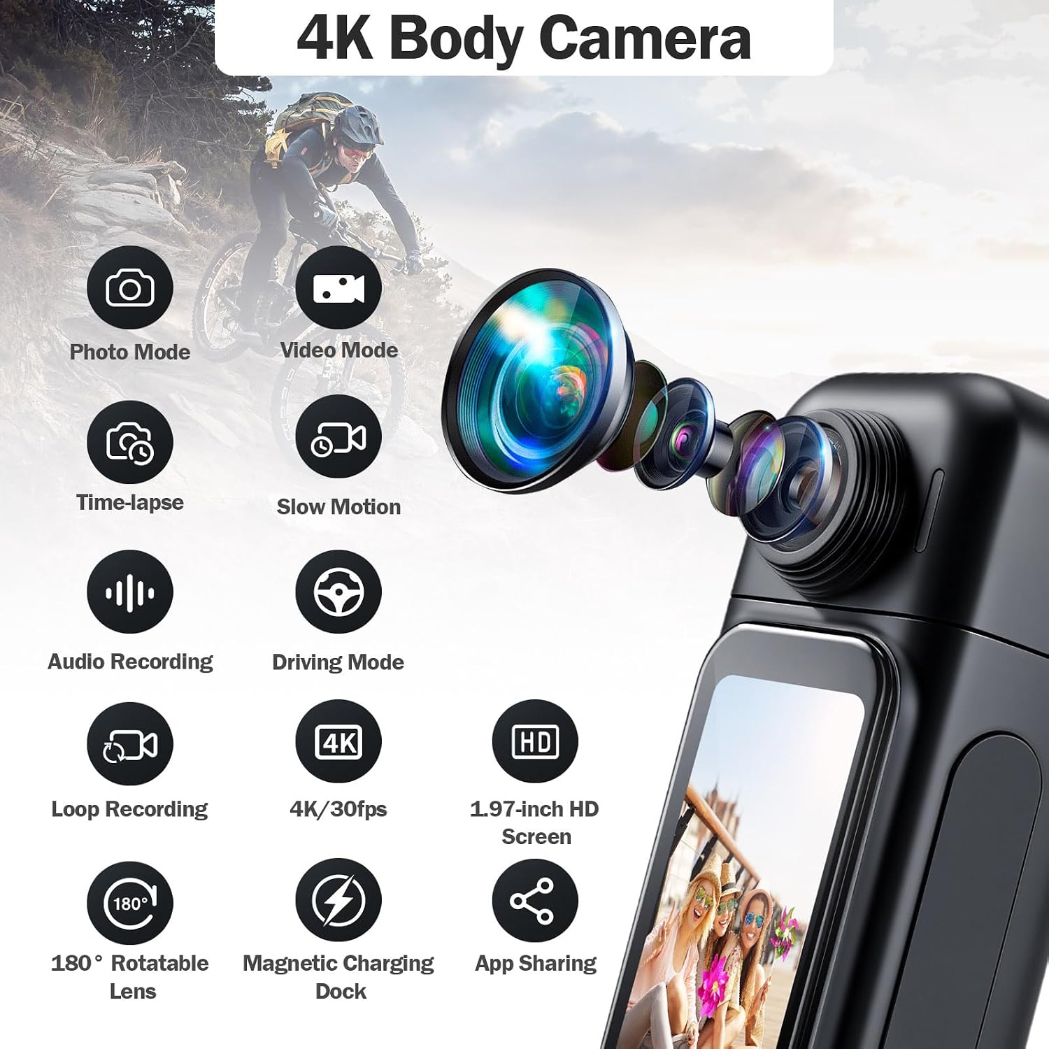 Mini Body Camera 4K with Charging Case, Wearable Thumb Action Cam with 32GB Card, 180 Rotatable, Magnetic Pendant, 1.97'' Display, Waterproof POV Sports Cam, Pocket Camera for Travel/Sports/Vlogging