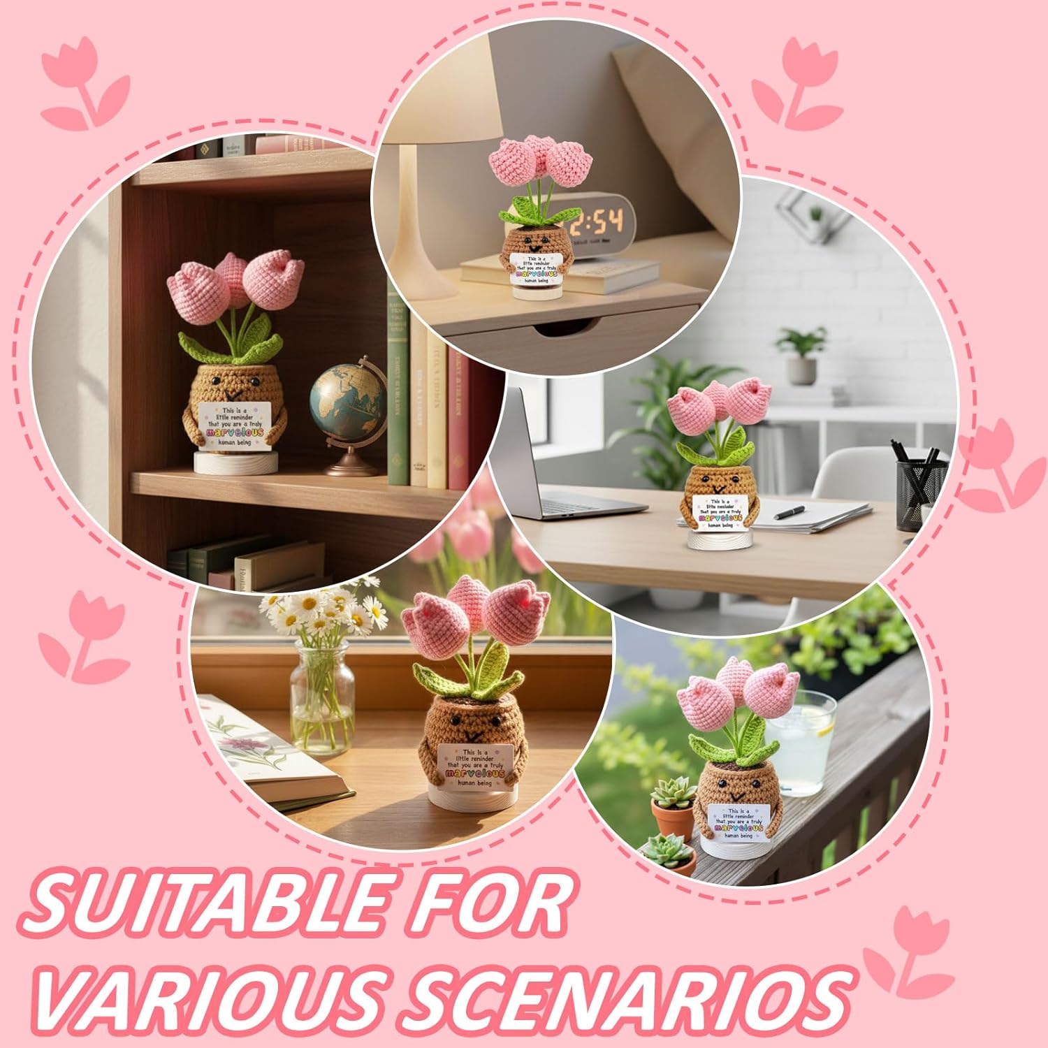 Emotional Support Tulip, Handmade Positive Tulips Flower Crochet with Encouragement Card for Desk Decor Tulip Ornament - Thank You, Appreciation, Positive Gift for Teacher, Mom, Friend - Pink - Image 6