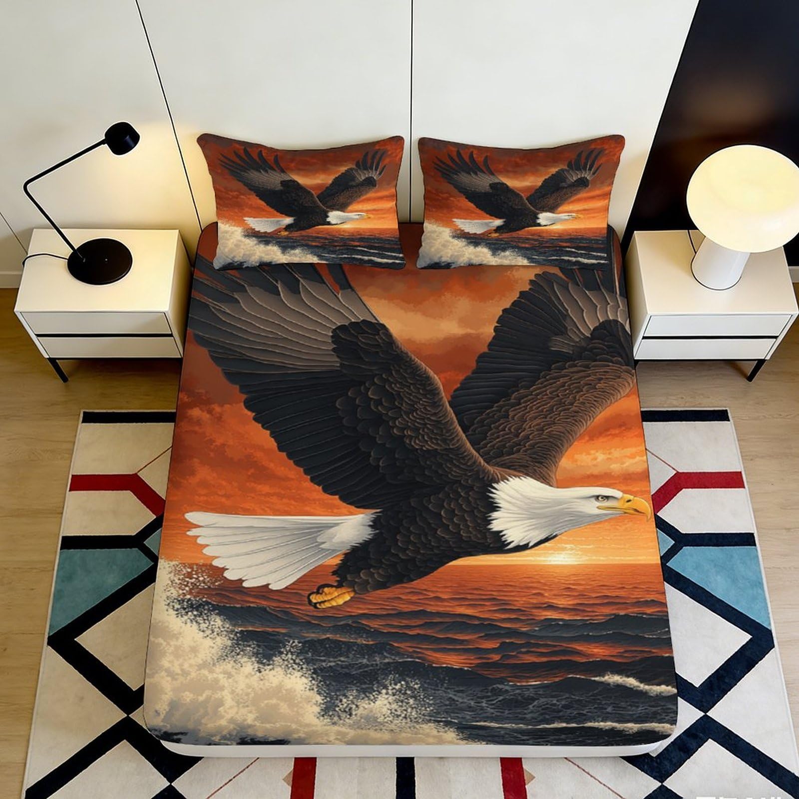 3D Printed Bald Eagle Sunset Fitted Sheet Microfiber Non-Slip Mattress Cover for Bedroom Dorm Easy Care Decor 90x200x25cm