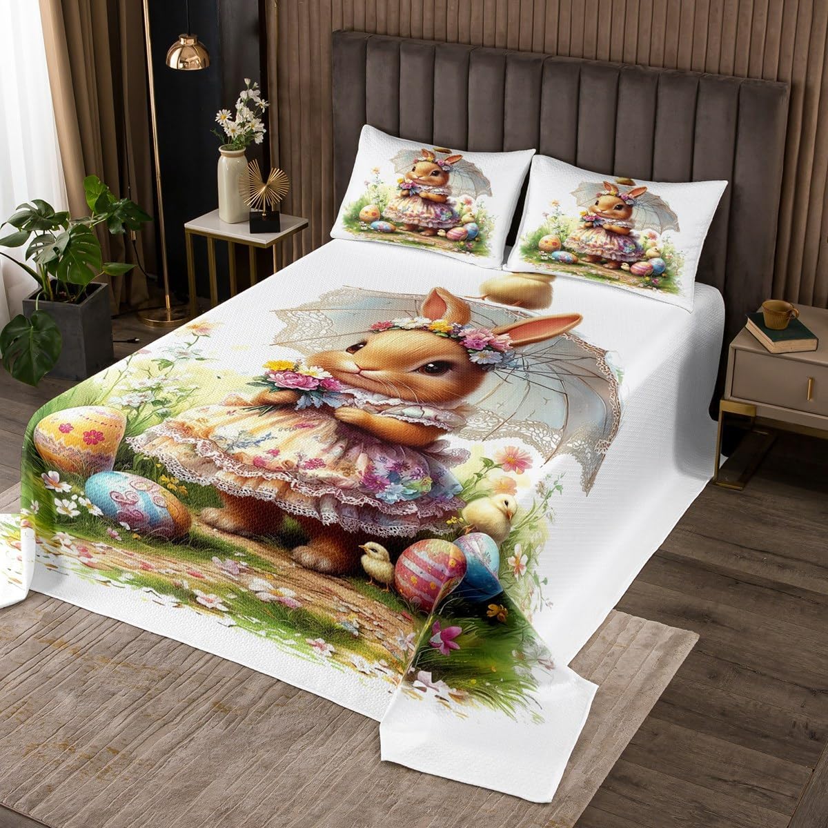 Erosebridal Easter Rabbit Quilt Set Easter Eggs King Size Bedspread Set for Kids Boys Girls Bedroom Decor,Farm Animal Coverlet Set Lace Dance Dress Bedding Set