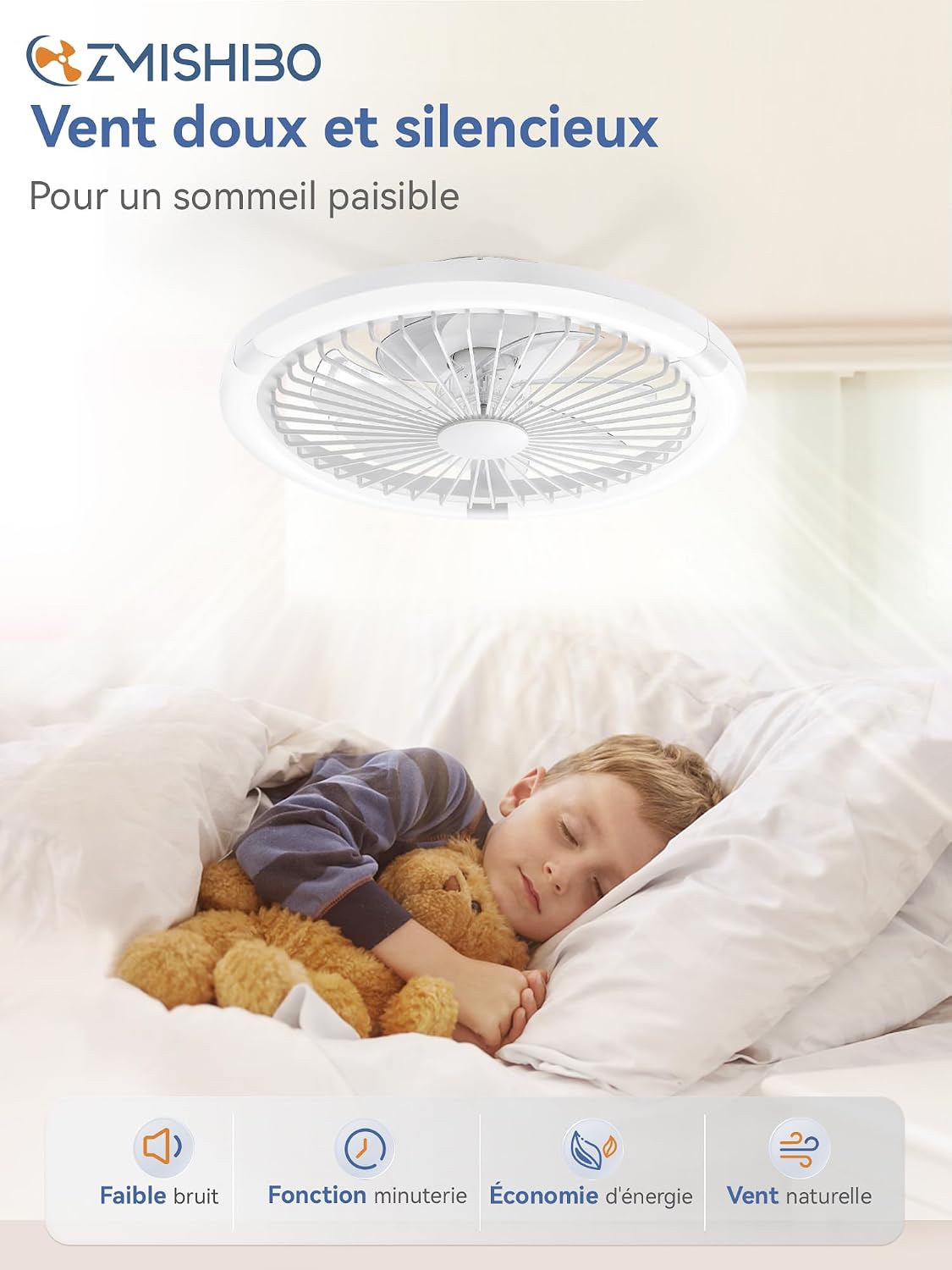 ZMISHIBO ceiling fan showing summer mode with downward airflow and winter mode with upward airflow