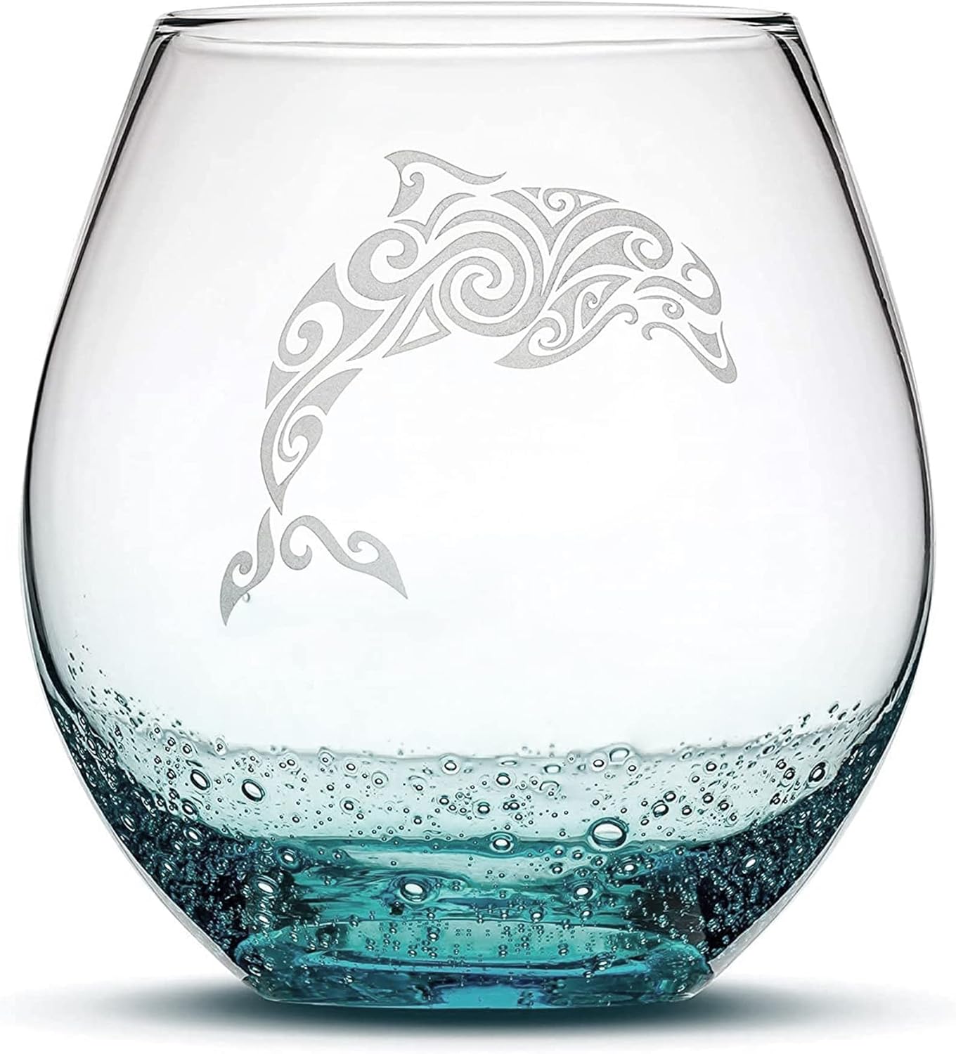 Integrity Bottles Tribal Dolphin Design Stemless Wine Glass, Handmade, Handblown, Hand Etched Gifts, Sand Carved, 18oz (Bubbly Teal)