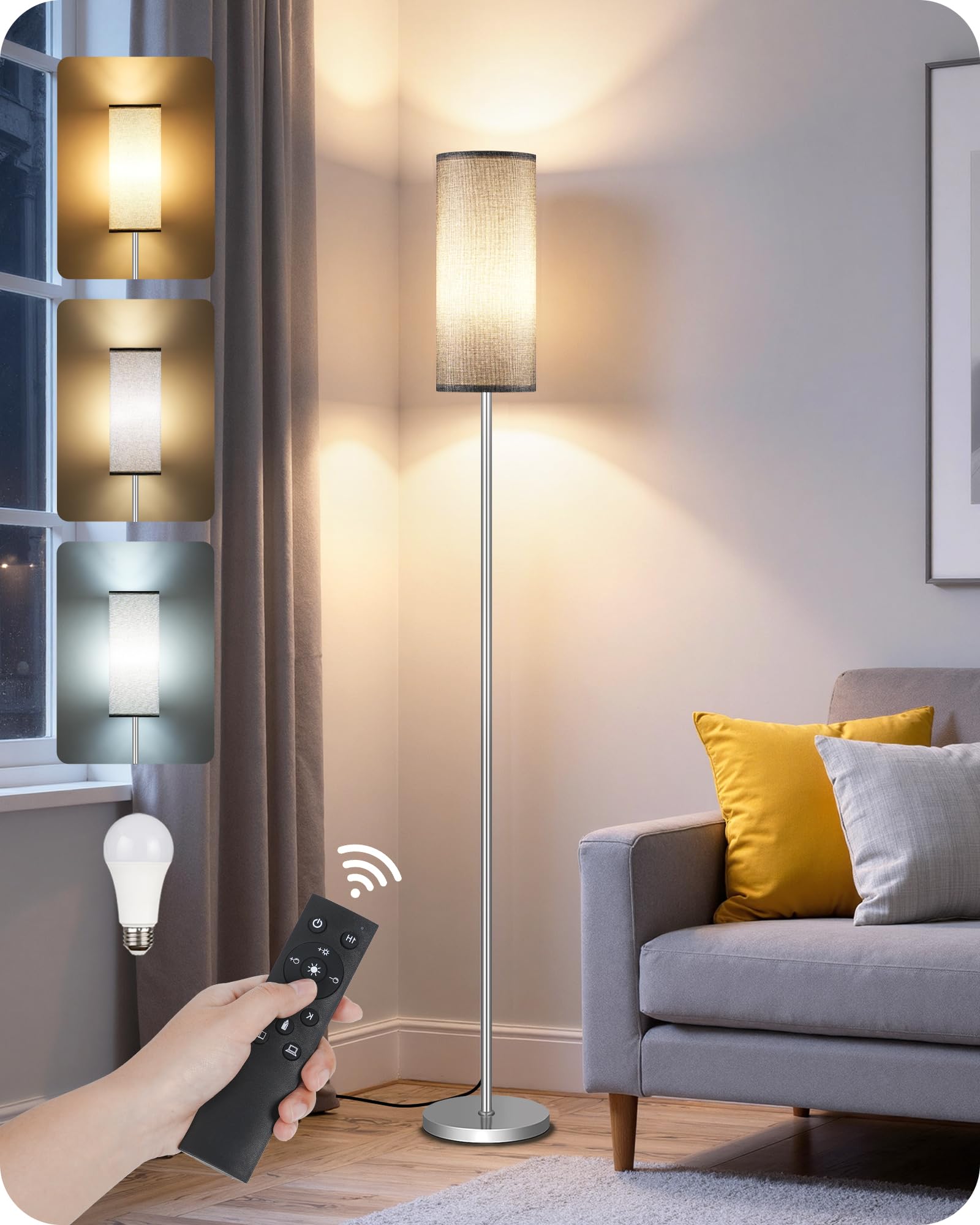Dimmable Floor Lamps for Living Room with Remote and Foot Switch, 64.4” Modern Standing Tall Lamp, Corner Lamp for Bedroom, Office, Bulb Included, 3000K-6500K, Gray and Silver, FCC Listed SH06LD05W1