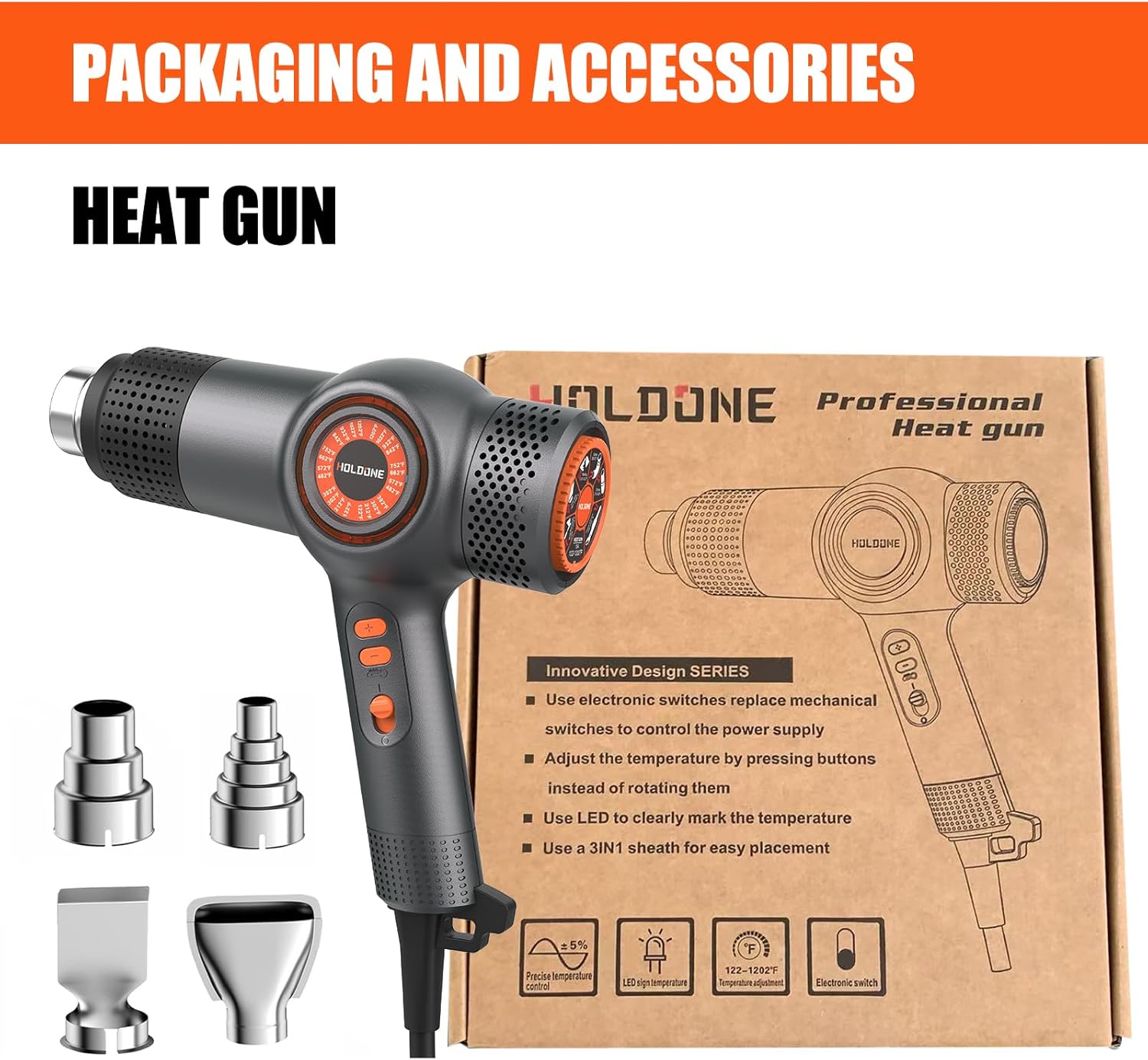 Heat Gun Fast Heating 1800W 122℉-1202℉ LED 3-color light to display temperature Shrink wrap heat gun with 4 Nozzles for Soften,Car film,Drying