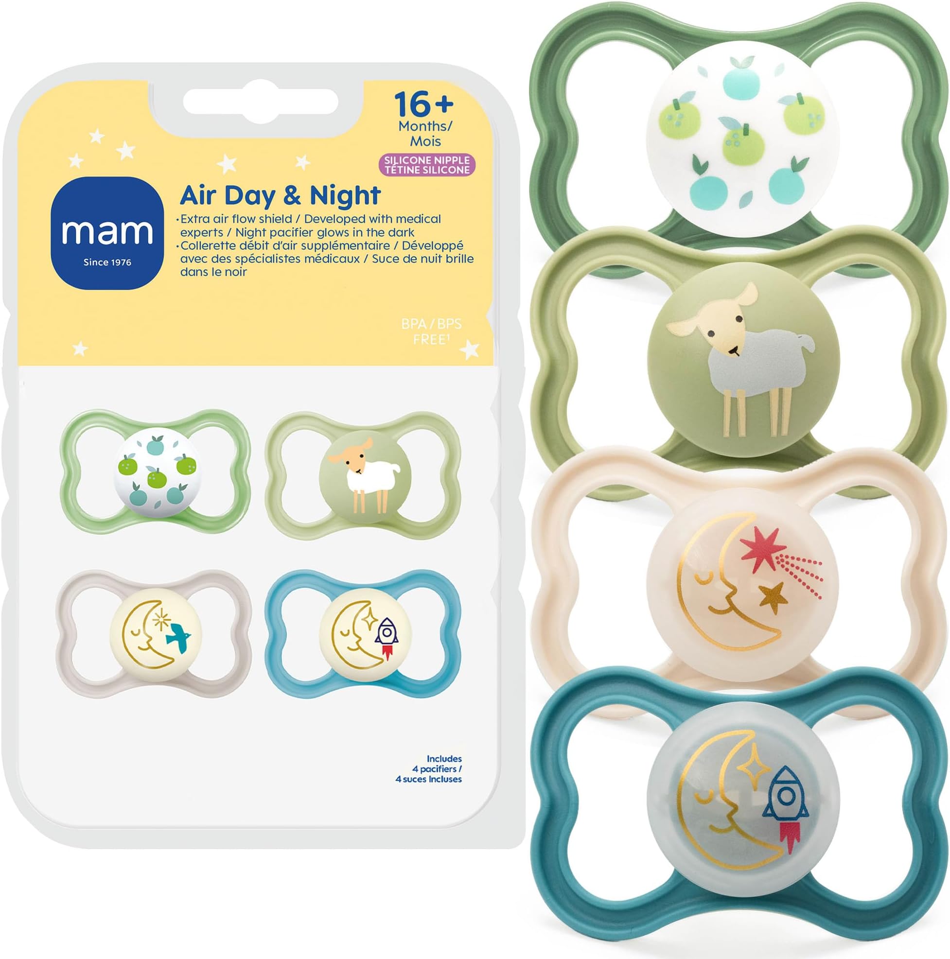 Air Pacifier for Babies 16+ Months, Extra Air Flow for Sensitive Skin, Glows in The Dark, Developed with Medical Experts, BPA-Free Skin Soft Silicone, 4 Count, Made in Europe