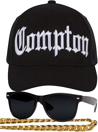 Mens Compton 80s Rapper Costume Kit Hat + Sunglases + Chain Necklace Set