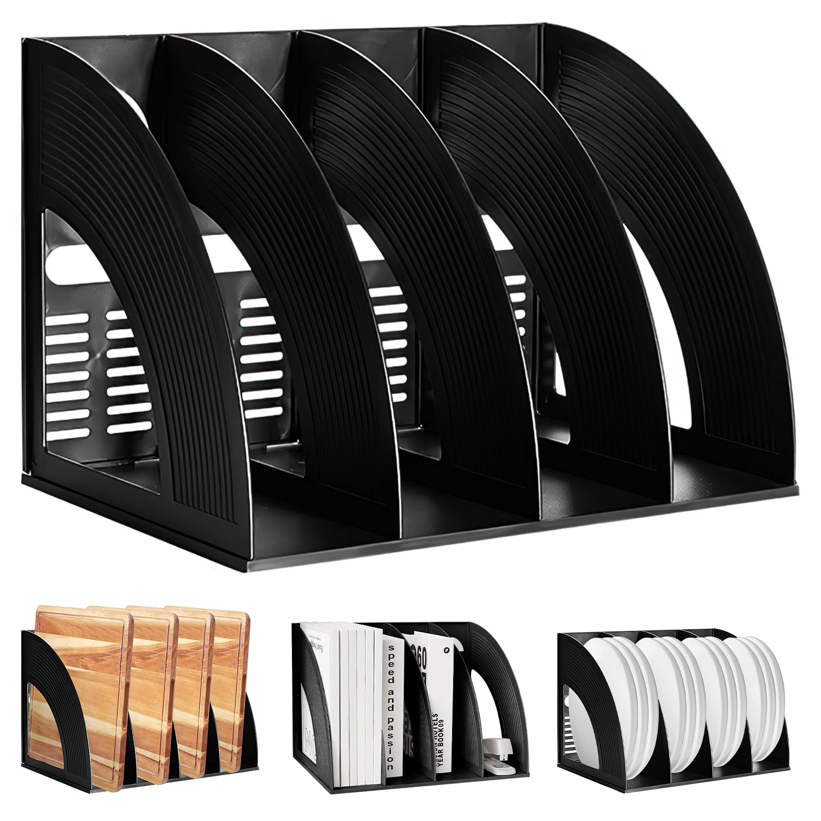 SAYEEC File Holder Storage Folder 4 Compartment Standing Desktop Hollow Organizer Black Files Shelf Frame Thicken Plastic Paper Notebook Magazine Bookstore for Office School Supplier Students