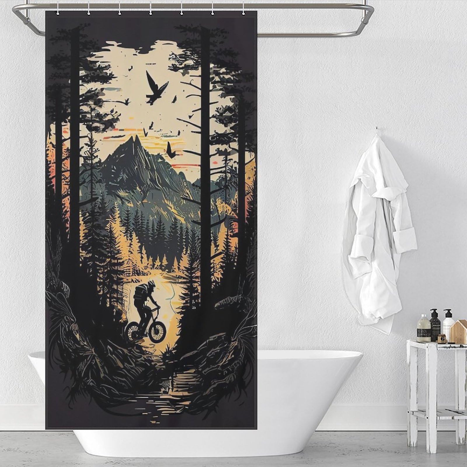 Rideau de douche vélo de montagne pour une décoration de salle de bain style nature sauvage