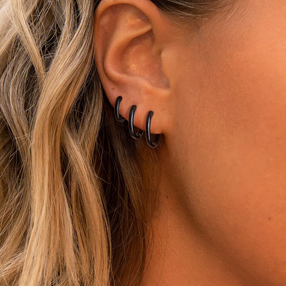 3 pares de aretes de aro chapados en oro de 14 quilates para mujer, aretes de aro minimalistas chapados en oro, arracadas, 3 tamaños, para hombres o mujeres, para regalo, de color oro, plata, oro rosa o negro, ágata 3