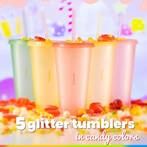 Miniatura 2 de Vasos con tapas y popotes para adultos  5 vasos reutilizables con purpurina con tapas y pajitas en colores caramelo, vasos de plástico de 24 onzas