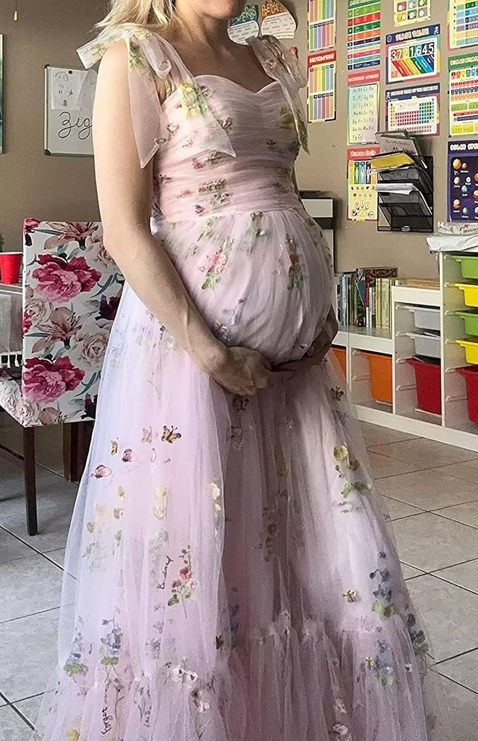 Vestidos de fiesta uzn de tul con mangas abullonadas para mujer largos  hasta el t vestidos de noche formales de encaje floral rosa