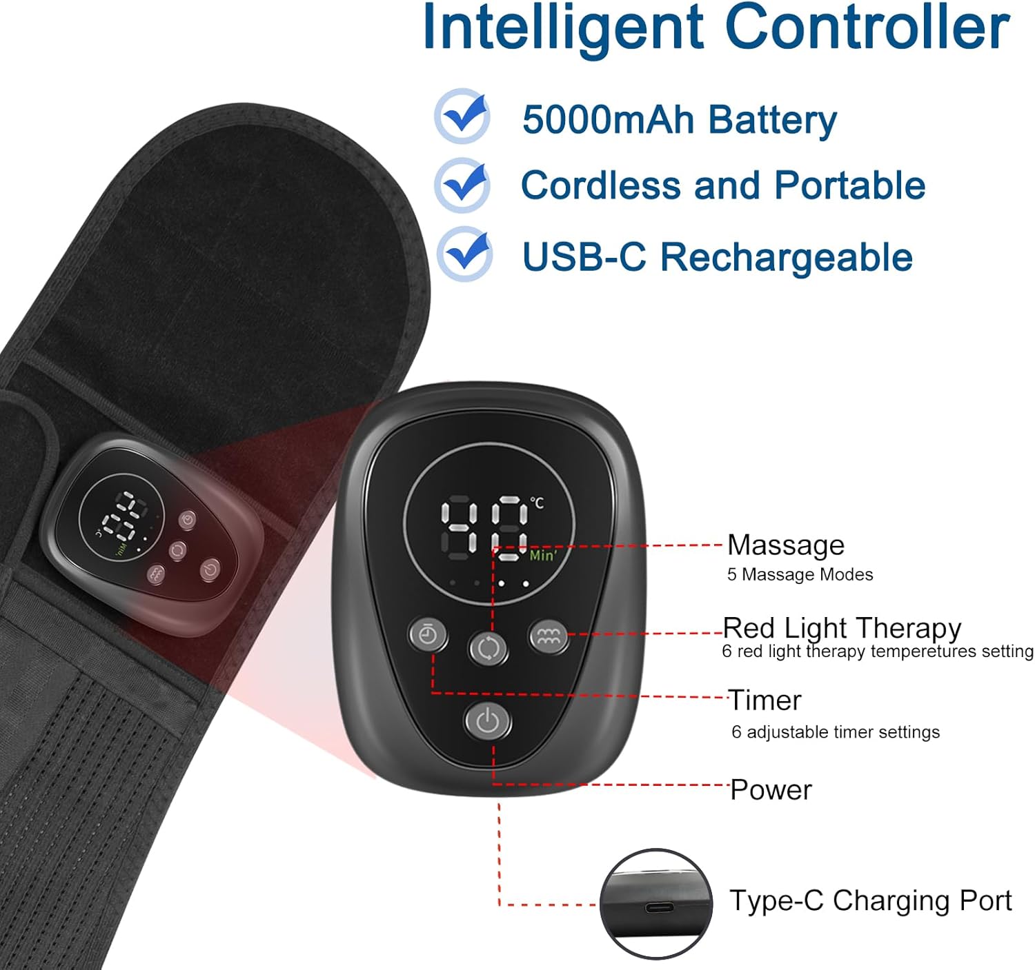 Lower Back Massager Belt with Red Light Heating Therapy, Cordless Heating Pad for Back, Rechargeable 5000 mAh Battery, Heated Back Brace Warmer Belt for Back Pain Relief,L