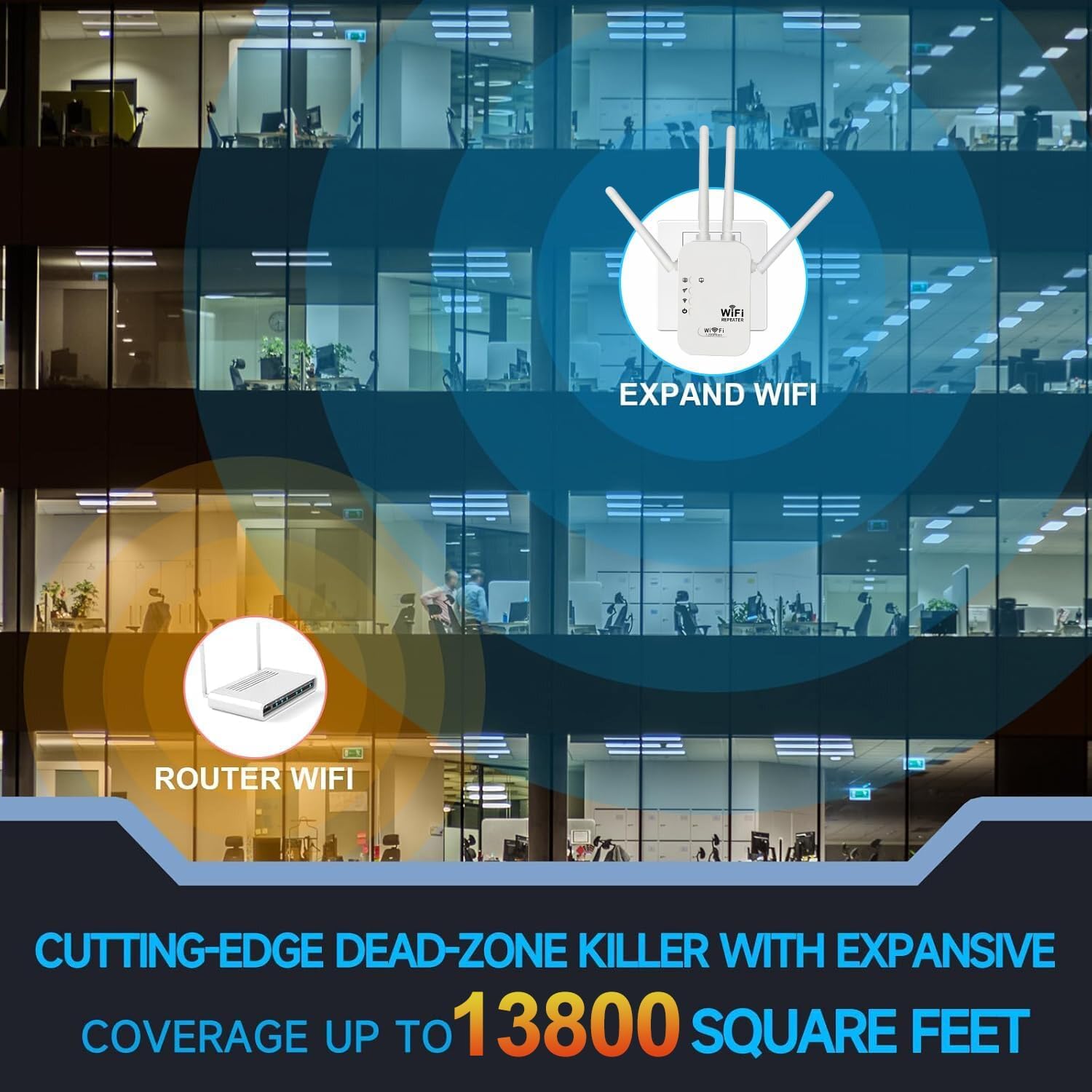 Répéteur WiFi 1200Mbps, Puissant WiFi Booster Double Bande 5GHz & 2.4GHz Amplificateur WiFi Puissant avec Gigabit Ethernet Port, 4 Antennes WiFi Extender Compatible avec Toutes Les Box Internet - 5