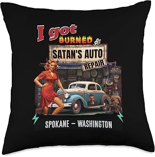 Satan's Auto Repair Of SPOKANE I Got Burned at Satan's Auto Repair Retro Devil Spokane Throw Pillow, 18x18, Multicolor