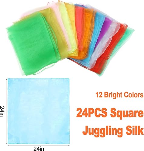 Miniatura 9 de KIMOBER 12 bufandas cuadradas de baile, 12 colores malabares de seda, trucos de magia de música, accesorios para niños pequeños (24 x 24 pulgadas)
