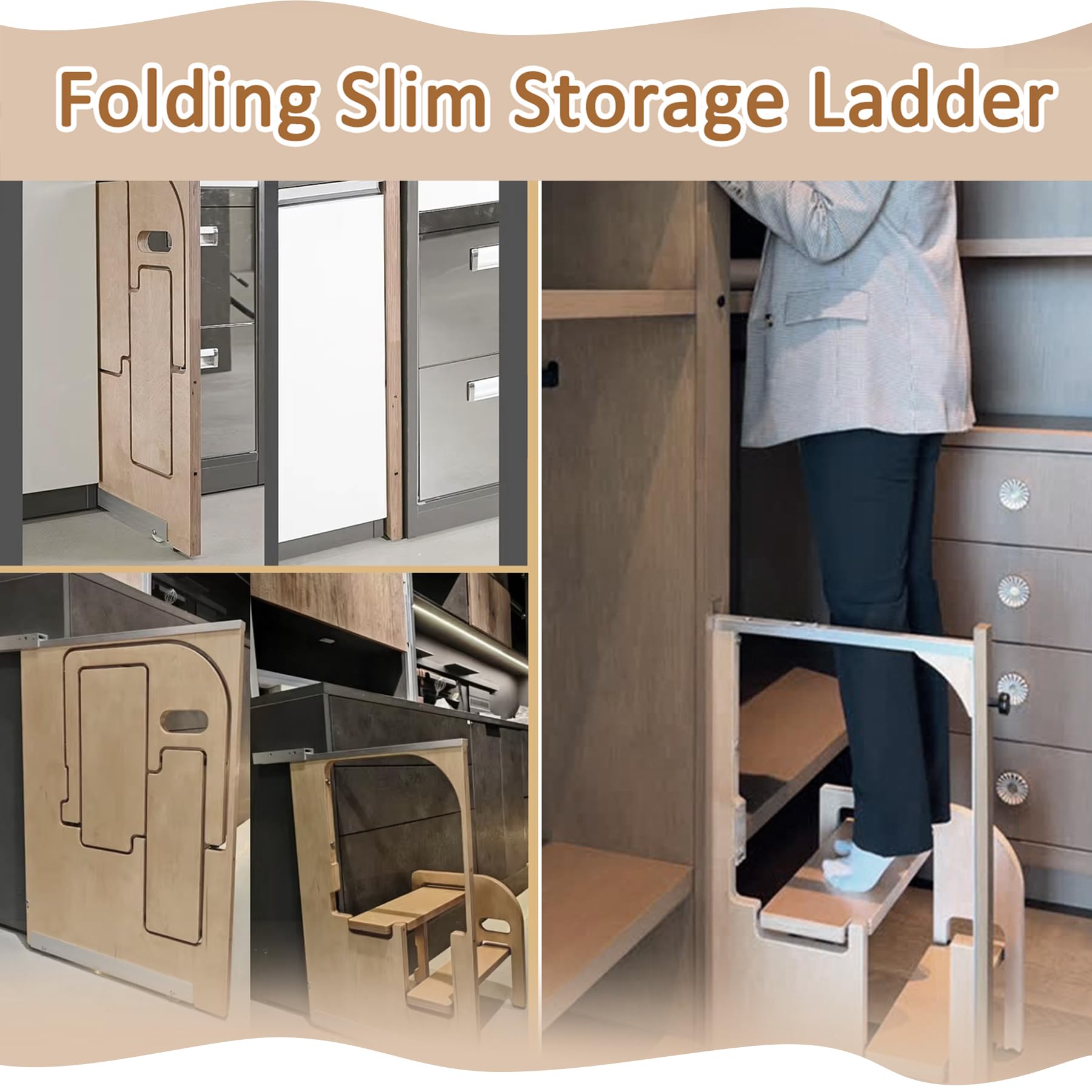 Sgabello a gradini in legno per adulti, scala pieghevole in 2 fasi con slot di stoccaggio nascosto, design destro sinistro universale, aiutante di risparmio di spazio resistente per l'armadio da cucin